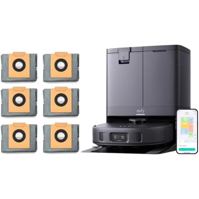 Restored eufy X10 Pro Omni Robot Vacuum and Mop Combo, Incredible Suction, Dual Mops with 12 mm Auto-Lift and Carpet Detection, AI Obstacle Avoidance and 6-Pack Large Capacity Dust Bags Black