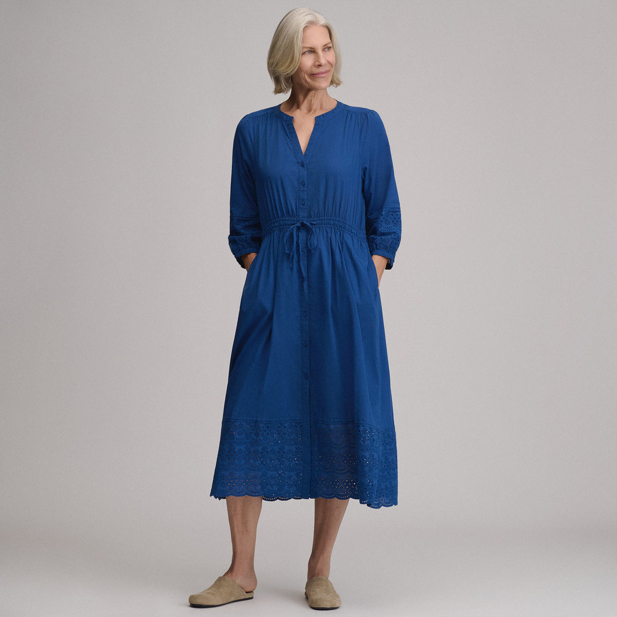 Eddie Bauer Women's 3/4 Sleeve Eyelet Button Front Belted Dress alternate view 3