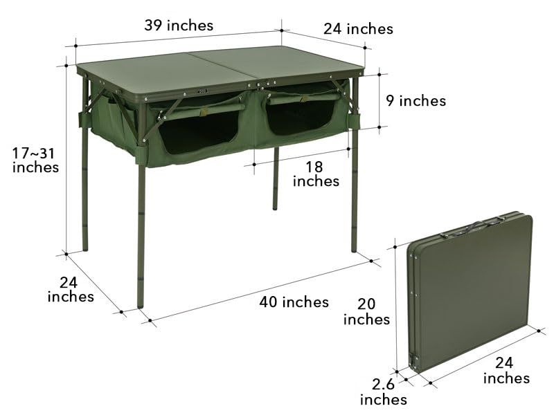DOD Good Luck Table - Folding Camping Table with 66 LBS Capacity - Folding Camp Table Storage Shelves Height Adjustable Legs - Foldable Picnic Table for Outdoor, Camping, BBQ, Beach - Olive