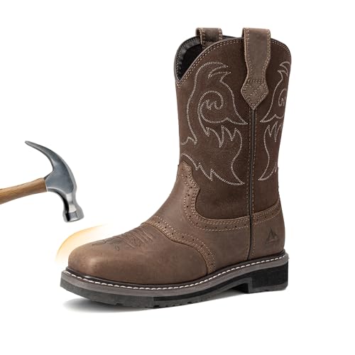 NORTIV 8 Steel Toe Work Boots for Men | Western Square Toe Leather Work Boots with Hazard Protection,for Construction Farming Bronco Trailblazer