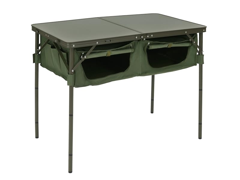 DOD Good Luck Table - Folding Camping Table with 66 LBS Capacity - Folding Camp Table Storage Shelves Height Adjustable Legs - Foldable Picnic Table for Outdoor, Camping, BBQ, Beach - Olive