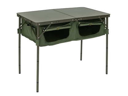 DOD Good Luck Table - Folding Camping Table with 66 LBS Capacity - Folding Camp Table Storage Shelves Height Adjustable Legs - Foldable Picnic Table for Outdoor, Camping, BBQ, Beach - Olive