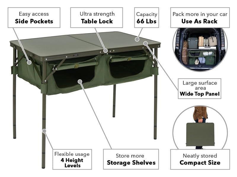 DOD Good Luck Table - Folding Camping Table with 66 LBS Capacity - Folding Camp Table Storage Shelves Height Adjustable Legs - Foldable Picnic Table for Outdoor, Camping, BBQ, Beach - Olive