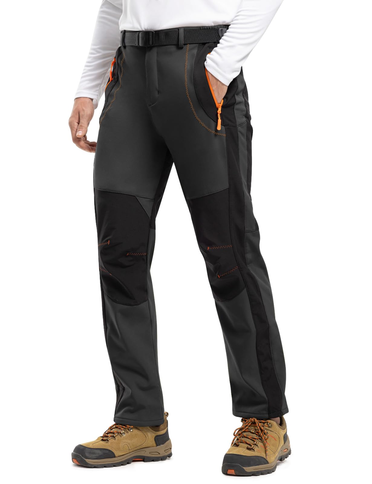 TBMPOY Men's Snow Ski Hiking Pants Waterproof Winter Fleece Lined Pants Camping Skiing Ice Fishing Pants with Belt