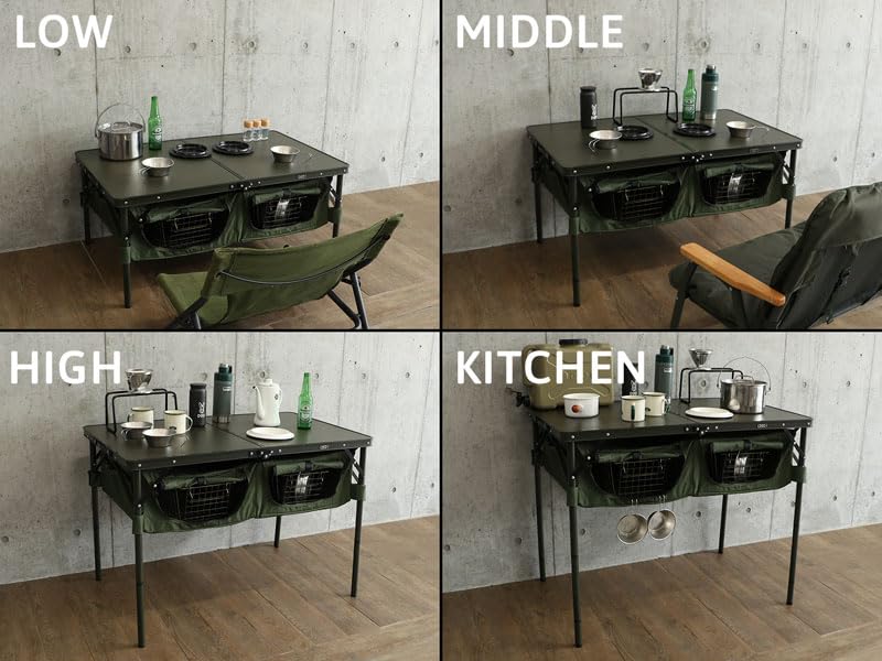 DOD Good Luck Table - Folding Camping Table with 66 LBS Capacity - Folding Camp Table Storage Shelves Height Adjustable Legs - Foldable Picnic Table for Outdoor, Camping, BBQ, Beach - Olive