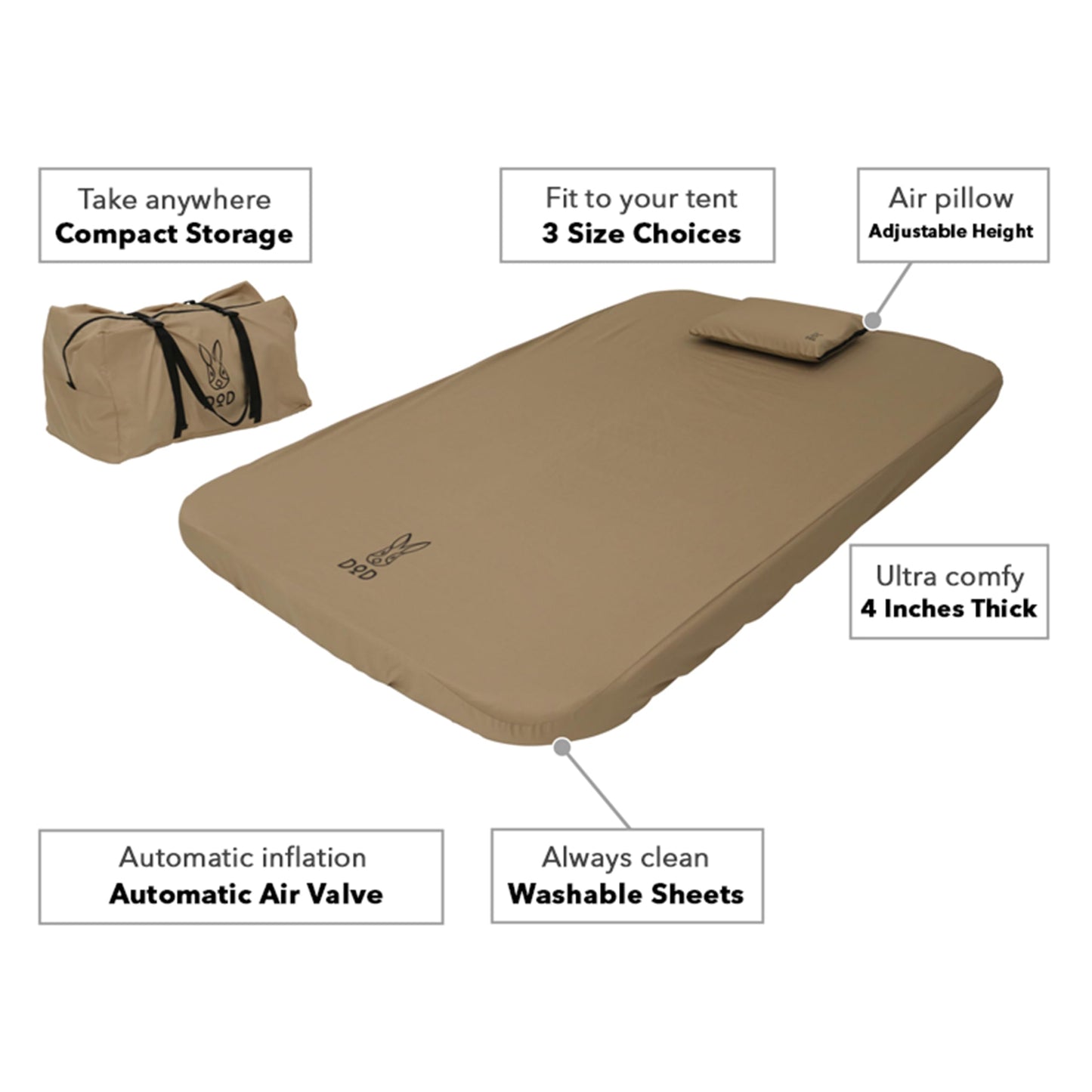 DOD Soto Sleeping Pad for Camping - Extra Thick Self-Inflating Camping - Mattress and Camping Pillow - Tan - Medium