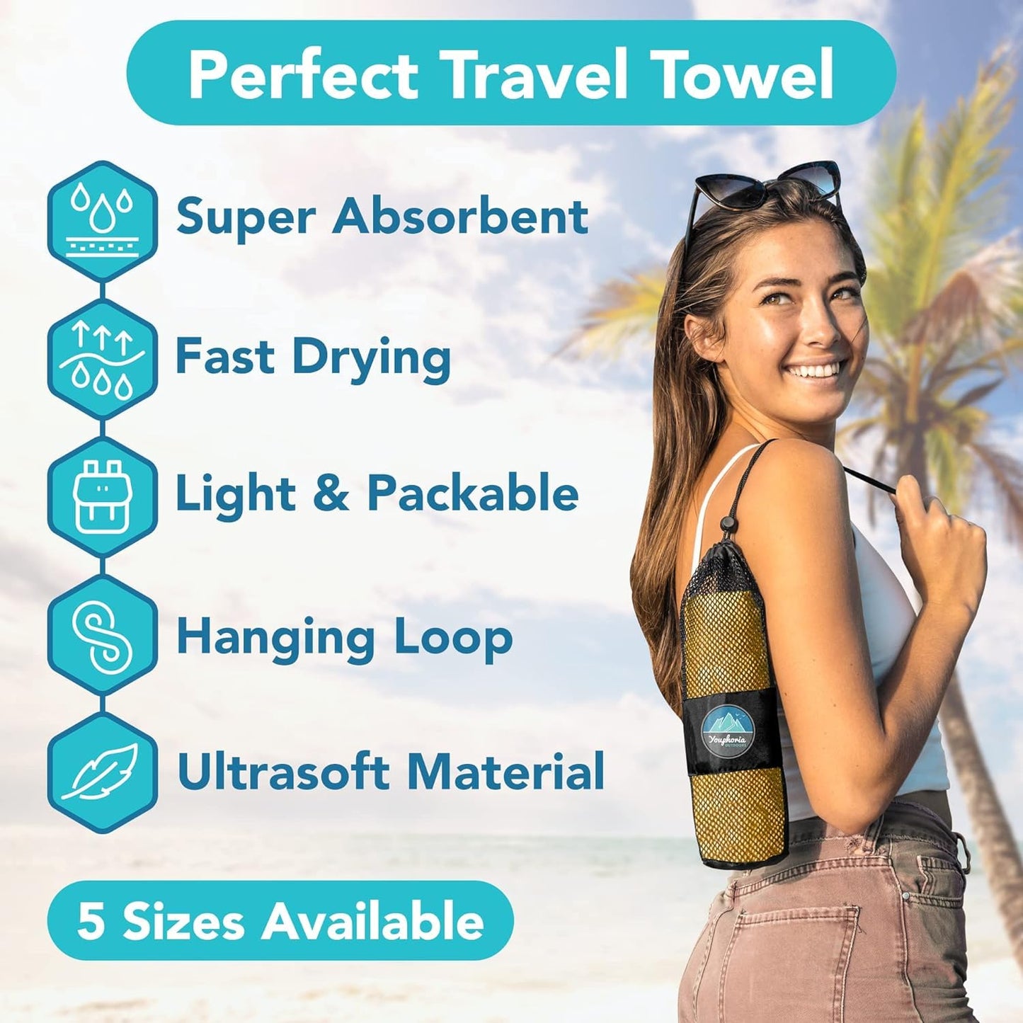 Youphoria Microfiber Travel Towel Fast Drying Lightweight - Quick Dry Towel for Camping, Beach, Backpacking, Hiking & Sport