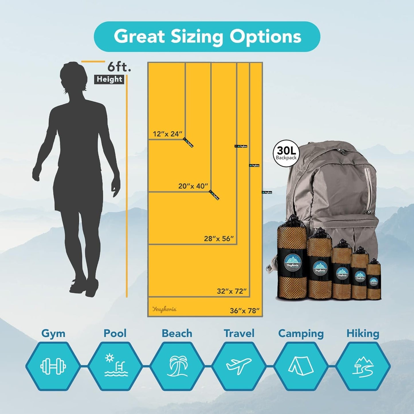 Youphoria Microfiber Travel Towel Fast Drying Lightweight - Quick Dry Towel for Camping, Beach, Backpacking, Hiking & Sport