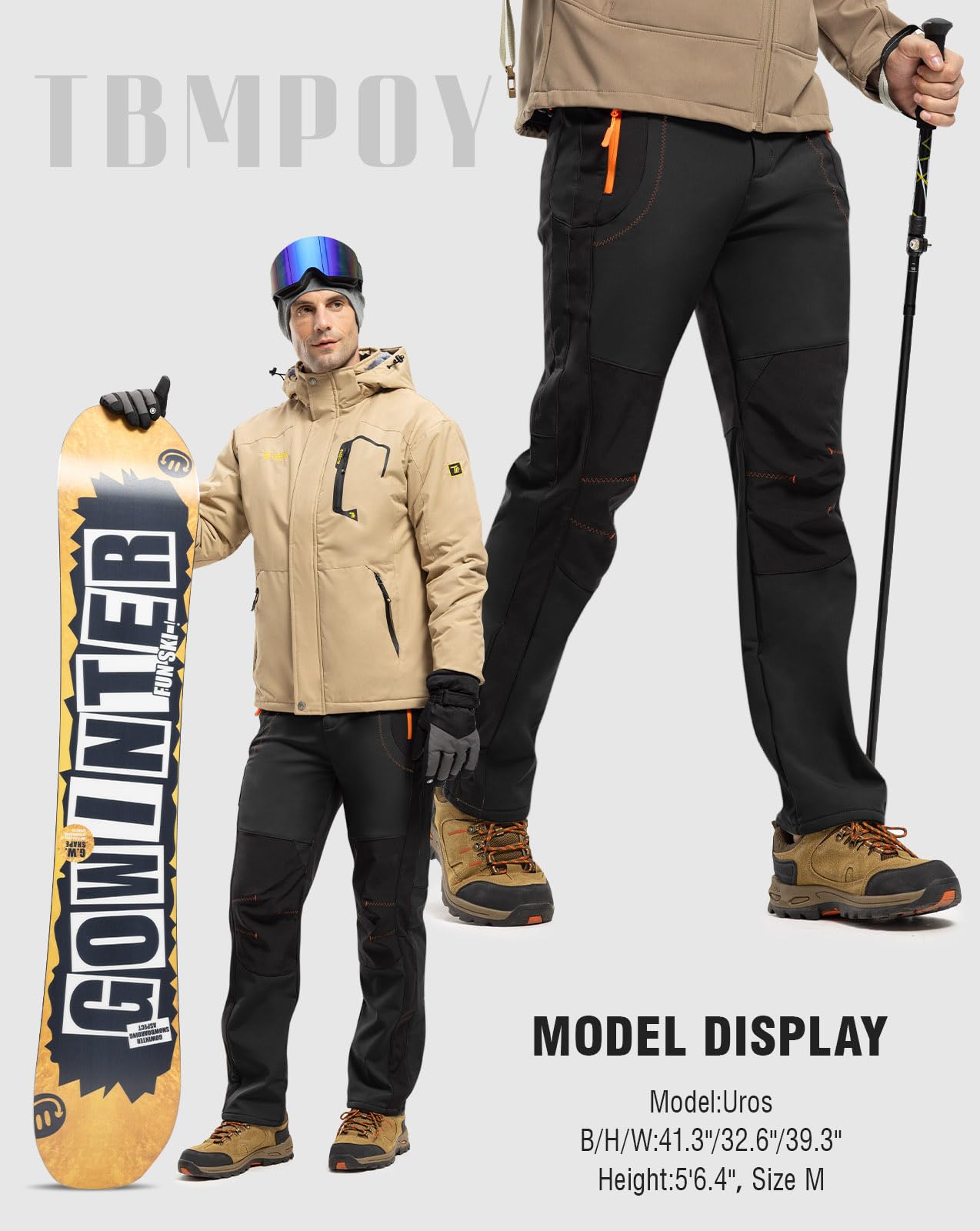 TBMPOY Men's Snow Ski Hiking Pants Waterproof Winter Fleece Lined Pants Camping Skiing Ice Fishing Pants with Belt