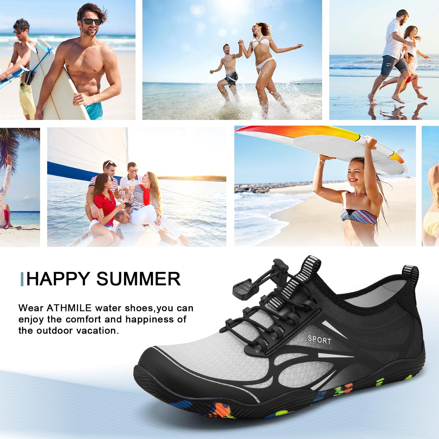 ATHMILE Water Shoes for Men Women River Shoes Adult Swim Beach Lake Pool Aqua Socks Barefoot Quick Dry for Hiking Surfing Kayaking Size