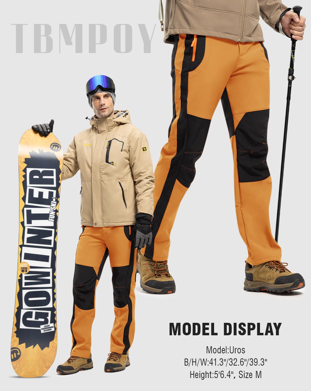 TBMPOY Men's Snow Ski Hiking Pants Waterproof Winter Fleece Lined Pants Camping Skiing Ice Fishing Pants with Belt