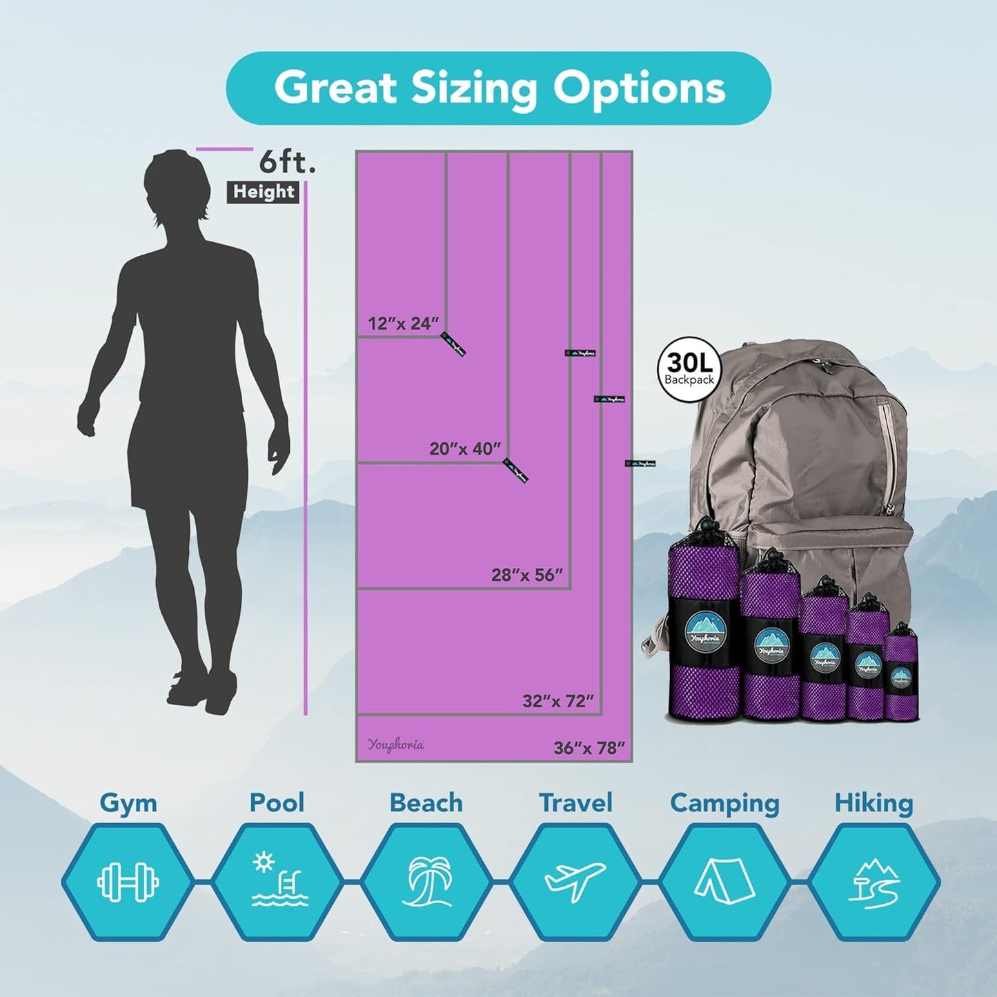 Youphoria Microfiber Travel Towel Fast Drying Lightweight - Quick Dry Towel for Camping, Beach, Backpacking, Hiking & Sport