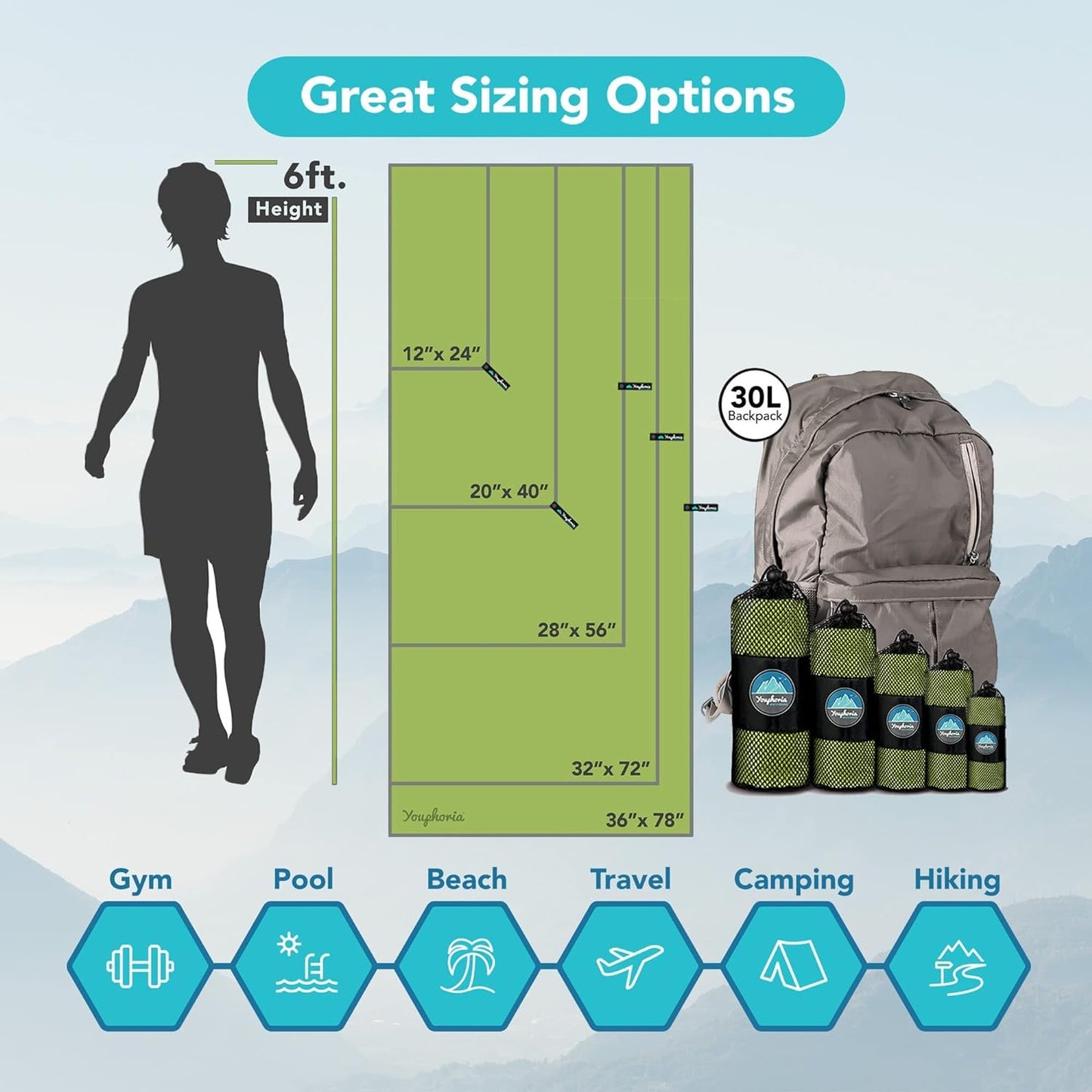 Youphoria Microfiber Travel Towel Fast Drying Lightweight - Quick Dry Towel for Camping, Beach, Backpacking, Hiking & Sport