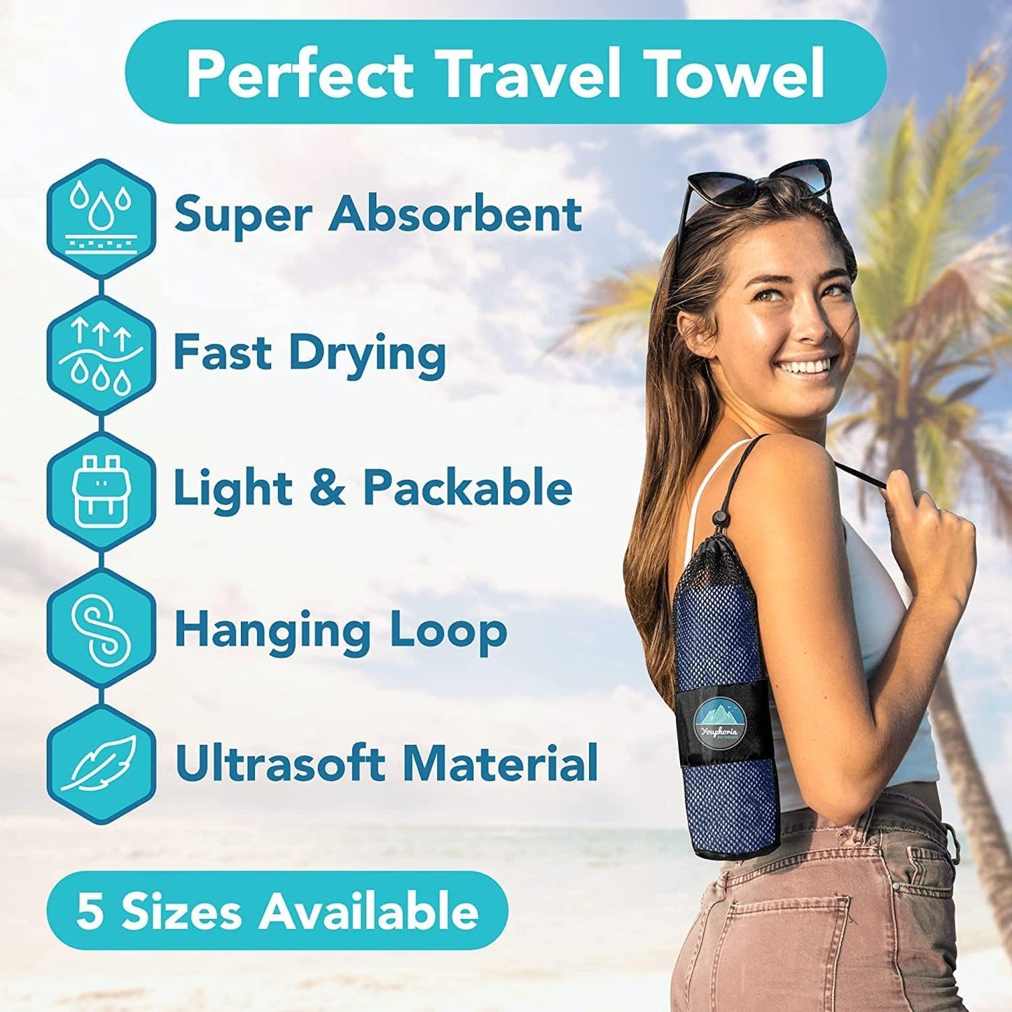 Youphoria Microfiber Travel Towel Fast Drying Lightweight - Quick Dry Towel for Camping, Beach, Backpacking, Hiking & Sport