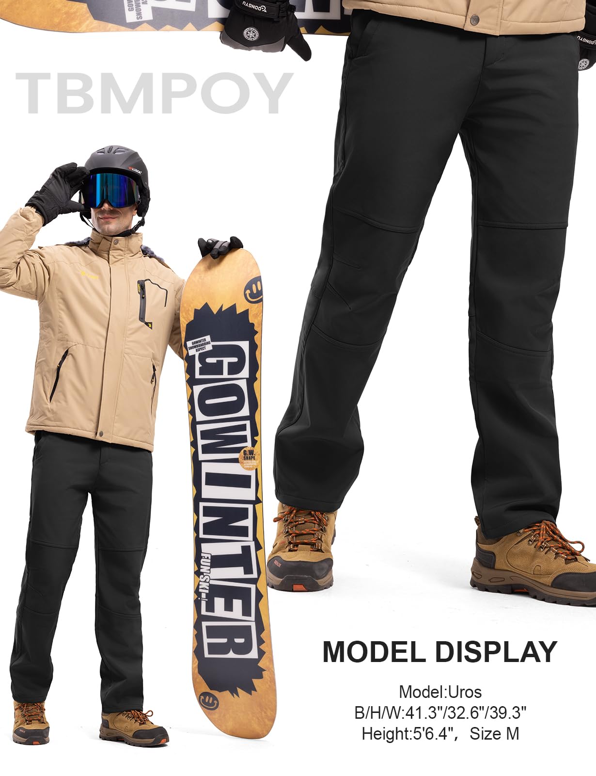 TBMPOY Men's Snow Ski Hiking Pants Waterproof Winter Fleece Lined Pants Camping Skiing Ice Fishing Pants with Belt