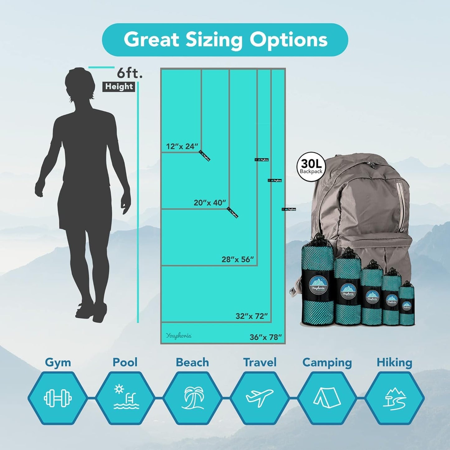 Youphoria Microfiber Travel Towel Fast Drying Lightweight - Quick Dry Towel for Camping, Beach, Backpacking, Hiking & Sport