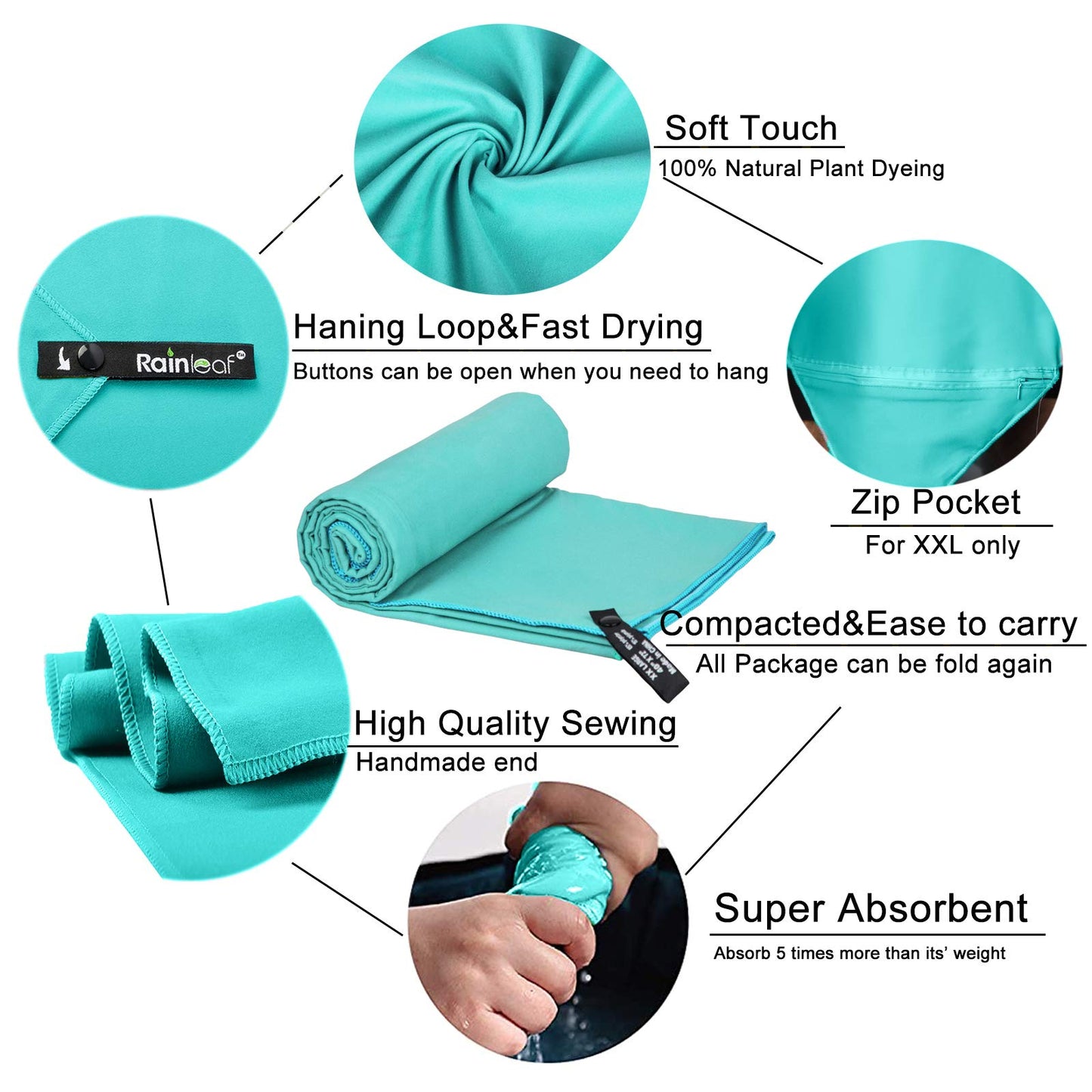 Rainleaf Microfiber Towel Perfect Travel & Gym & Camping Towel. Quick Dry - Super Absorbent - Ultra Compact - Lightweight. Suitable for Trip, Beach, Shower, Backpacking, Pool