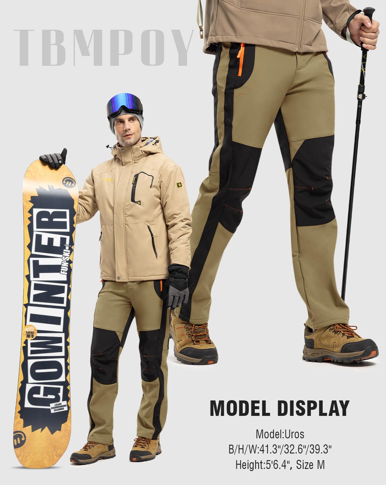 TBMPOY Men's Snow Ski Hiking Pants Waterproof Winter Fleece Lined Pants Camping Skiing Ice Fishing Pants with Belt