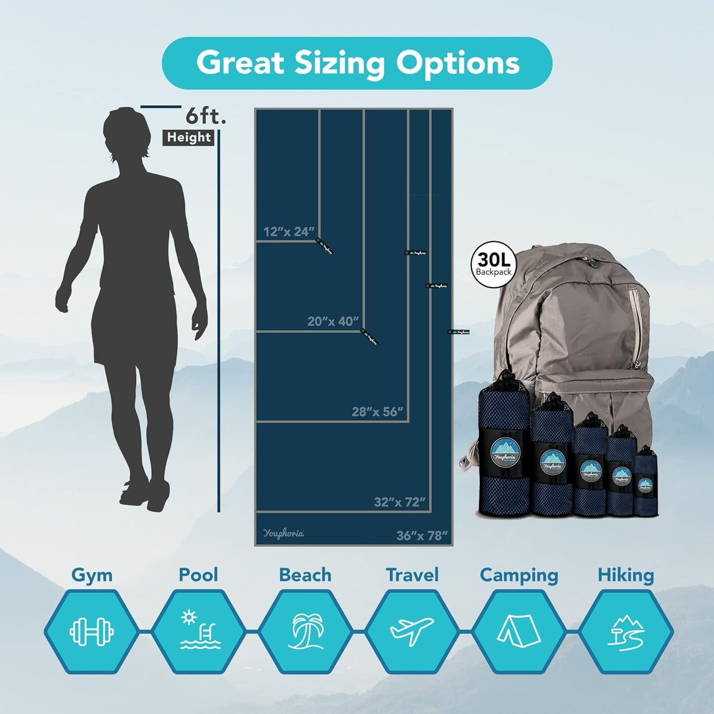 Youphoria Microfiber Travel Towel Fast Drying Lightweight - Quick Dry Towel for Camping, Beach, Backpacking, Hiking & Sport