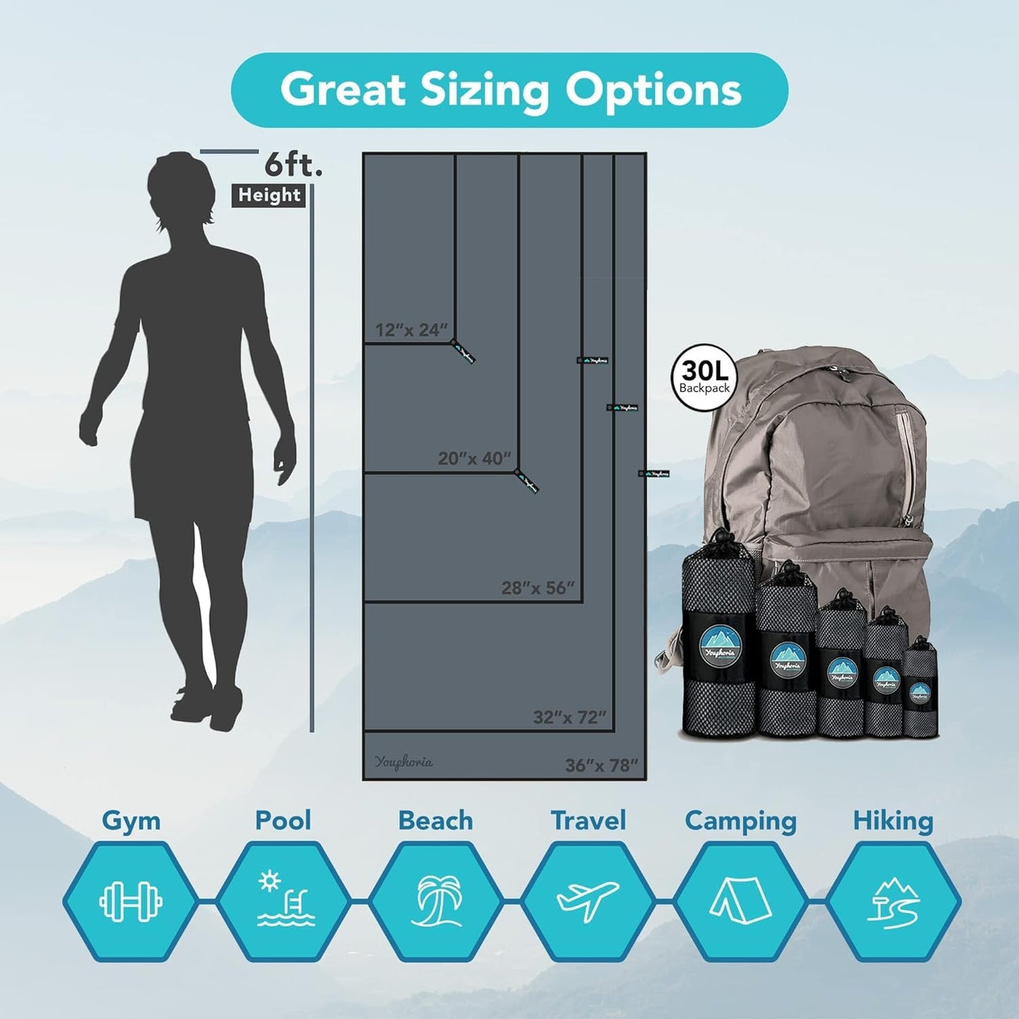 Youphoria Microfiber Travel Towel Fast Drying Lightweight - Quick Dry Towel for Camping, Beach, Backpacking, Hiking & Sport