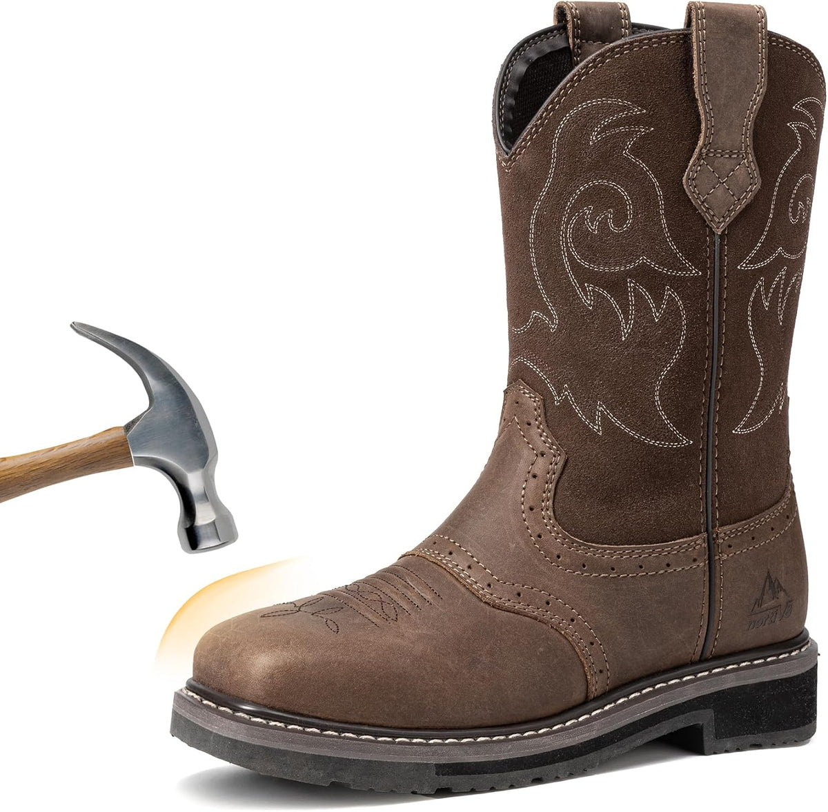 NORTIV 8 Steel Toe Work Boots for Men | Western Square Toe Leather Work Boots with Hazard Protection,for Construction Farming Bronco Trailblazer