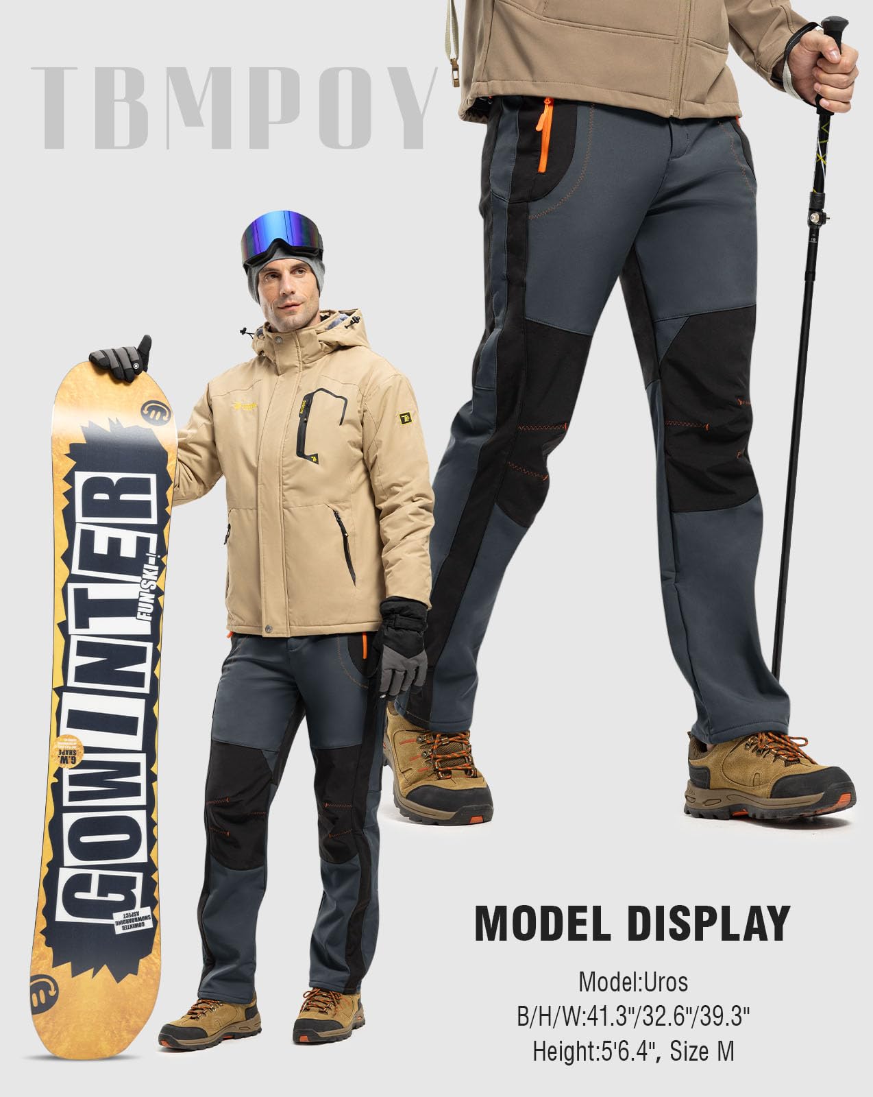 TBMPOY Men's Snow Ski Hiking Pants Waterproof Winter Fleece Lined Pants Camping Skiing Ice Fishing Pants with Belt