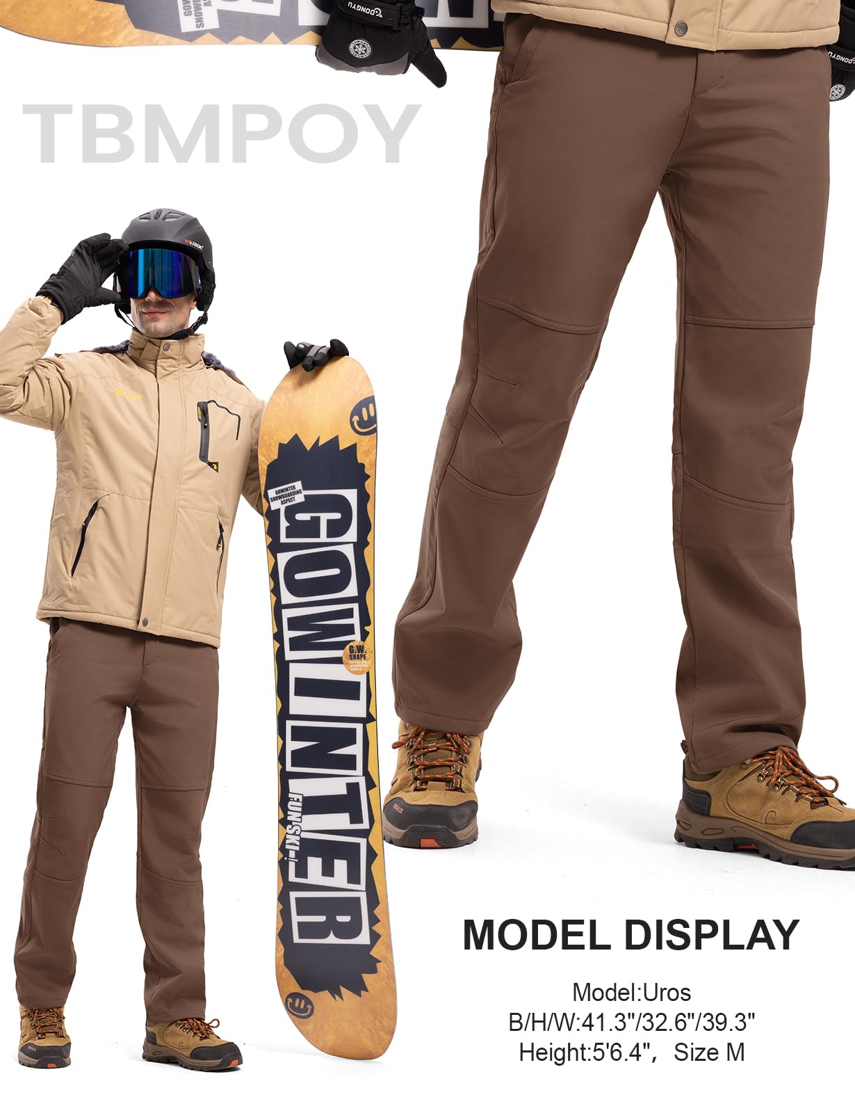 TBMPOY Men's Snow Ski Hiking Pants Waterproof Winter Fleece Lined Pants Camping Skiing Ice Fishing Pants with Belt