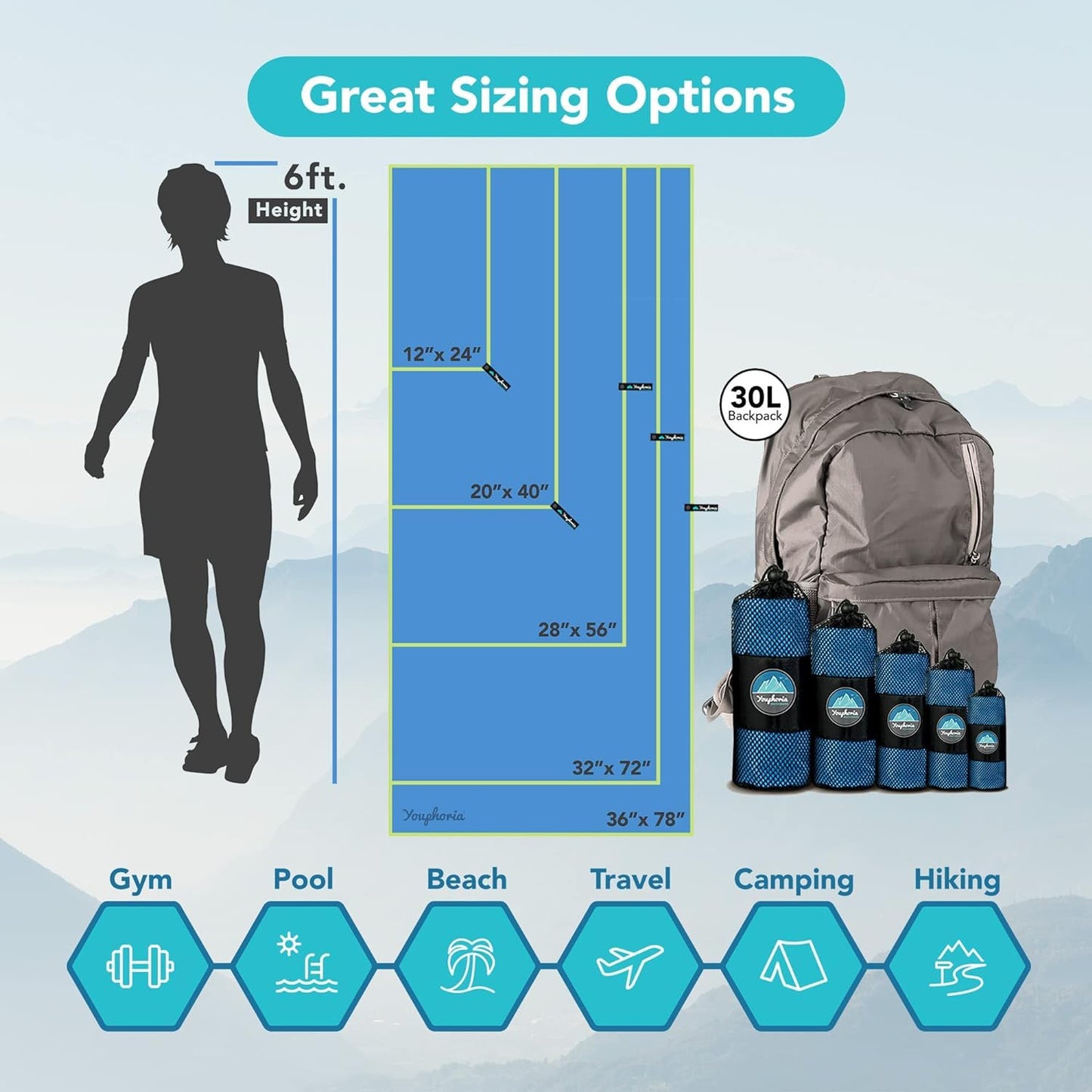 Youphoria Microfiber Travel Towel Fast Drying Lightweight - Quick Dry Towel for Camping, Beach, Backpacking, Hiking & Sport