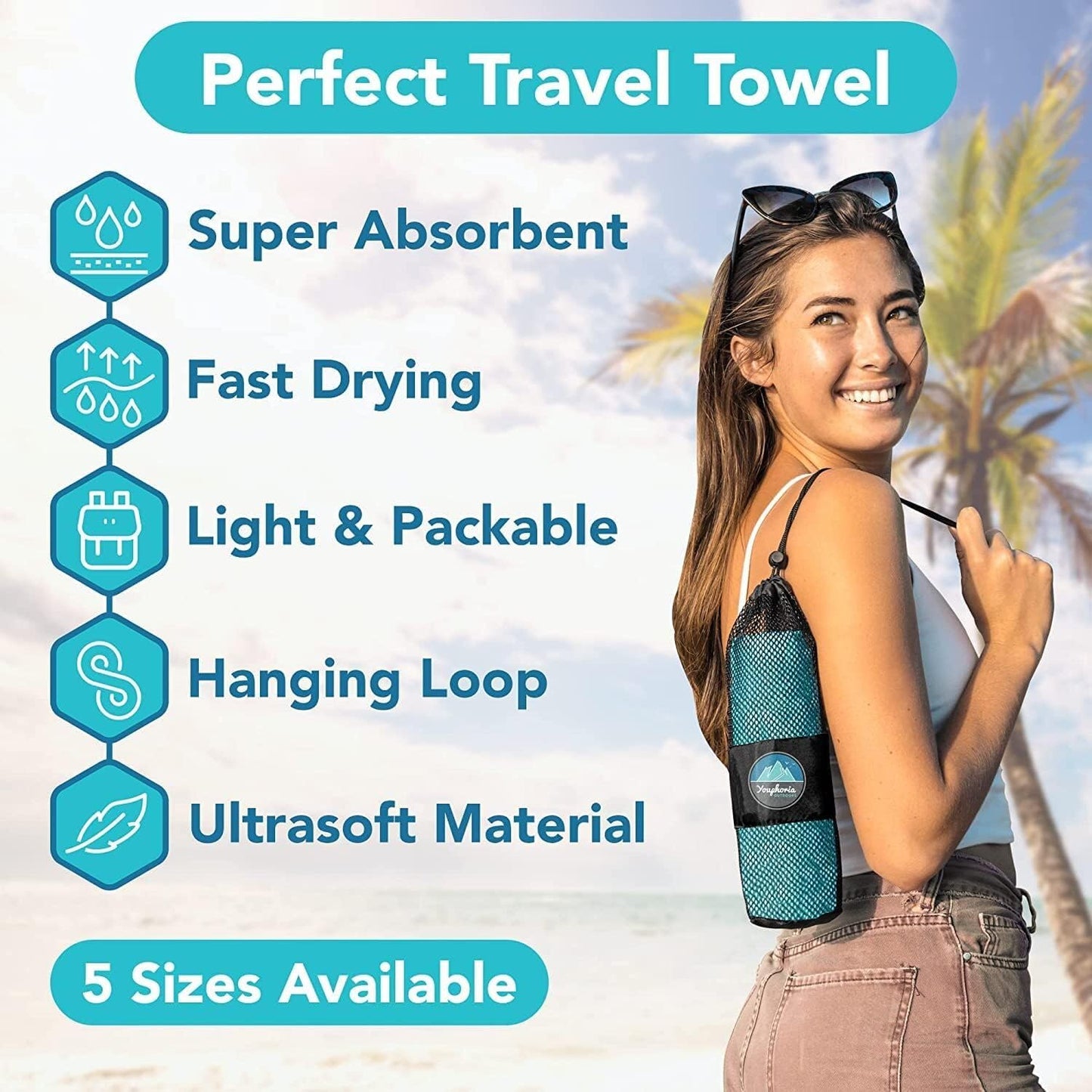 Youphoria Microfiber Travel Towel Fast Drying Lightweight - Quick Dry Towel for Camping, Beach, Backpacking, Hiking & Sport