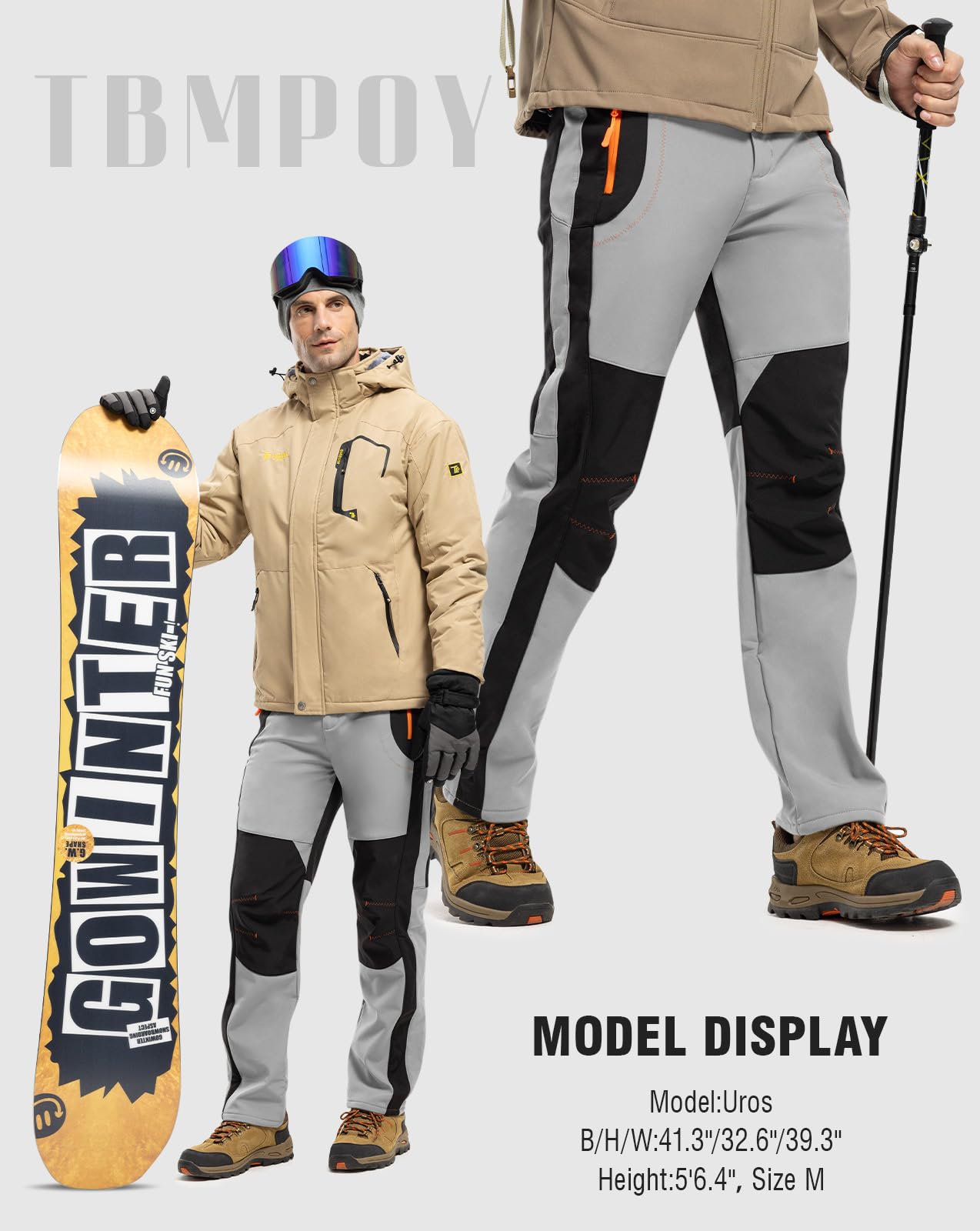 TBMPOY Men's Snow Ski Hiking Pants Waterproof Winter Fleece Lined Pants Camping Skiing Ice Fishing Pants with Belt