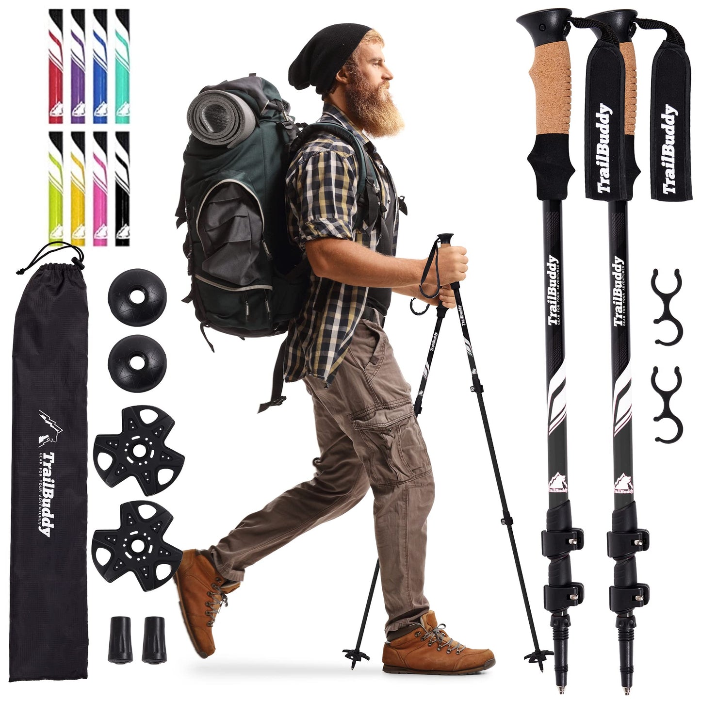 TrailBuddy Trekking Poles - Lightweight, Collapsible Hiking Poles for Snowshoe & Backpacking Gear - Pair of 2 Walking Sticks for Hiking, 7075 Aluminum with Cork Grip