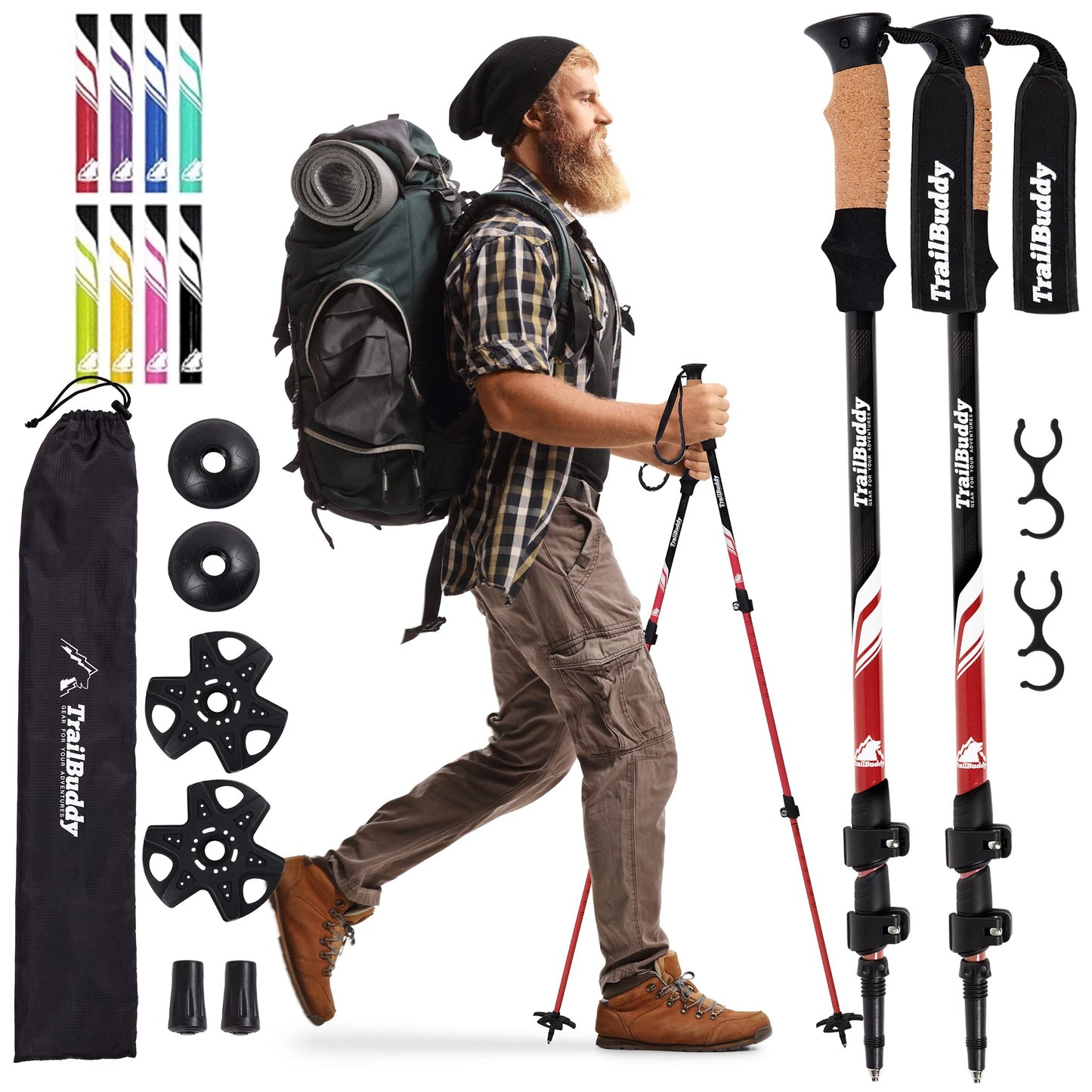 TrailBuddy Trekking Poles - Lightweight, Collapsible Hiking Poles for Snowshoe & Backpacking Gear - Pair of 2 Walking Sticks for Hiking, 7075 Aluminum with Cork Grip