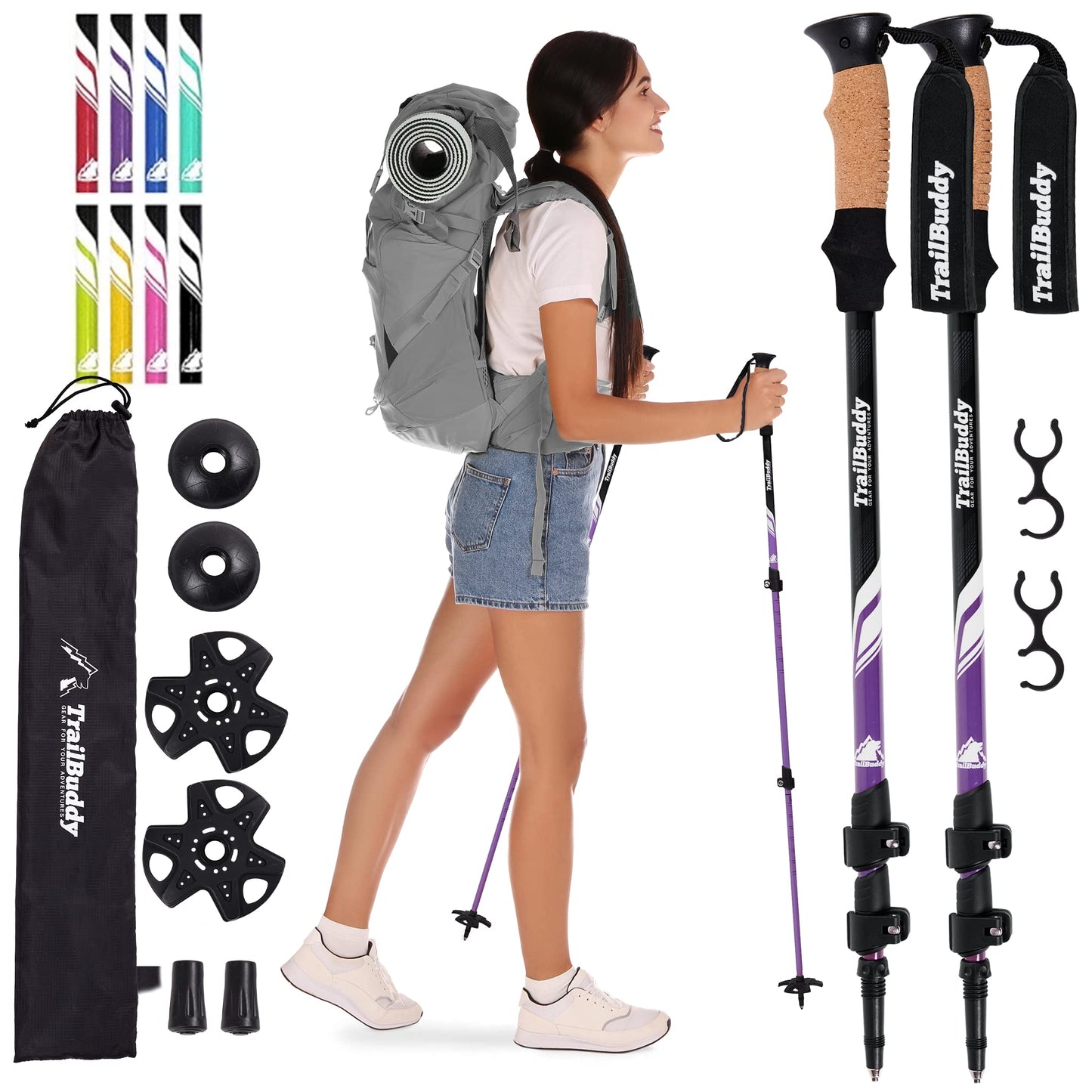 TrailBuddy Trekking Poles - Lightweight, Collapsible Hiking Poles for Snowshoe & Backpacking Gear - Pair of 2 Walking Sticks for Hiking, 7075 Aluminum with Cork Grip