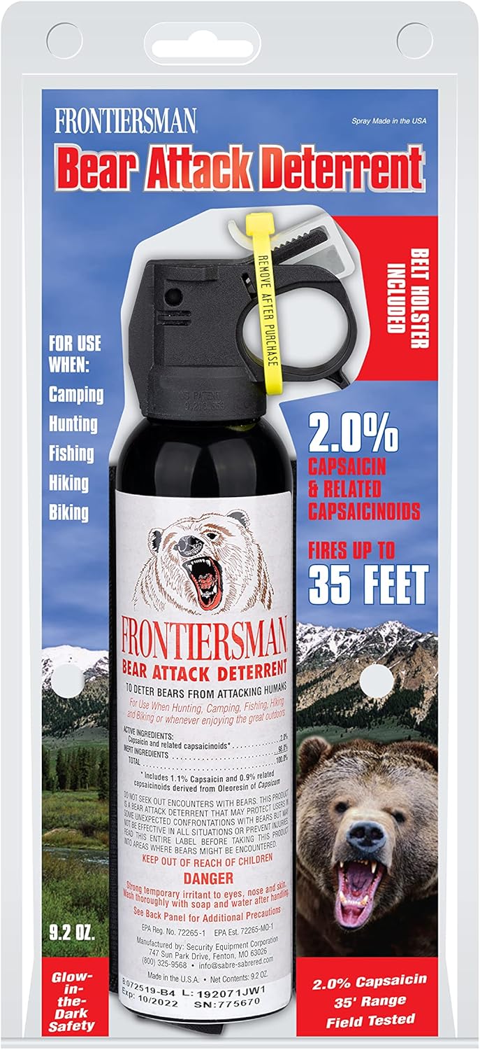 SABRE Frontiersman 9.2 fl oz. Bear Spray, Maximum Strength 2.0% Major Capsaicinoids, Powerful 35 ft. Range Bear Deterrent, Outdoor Camping & Hiking Protection, Quick Draw Holster & Multipack Options