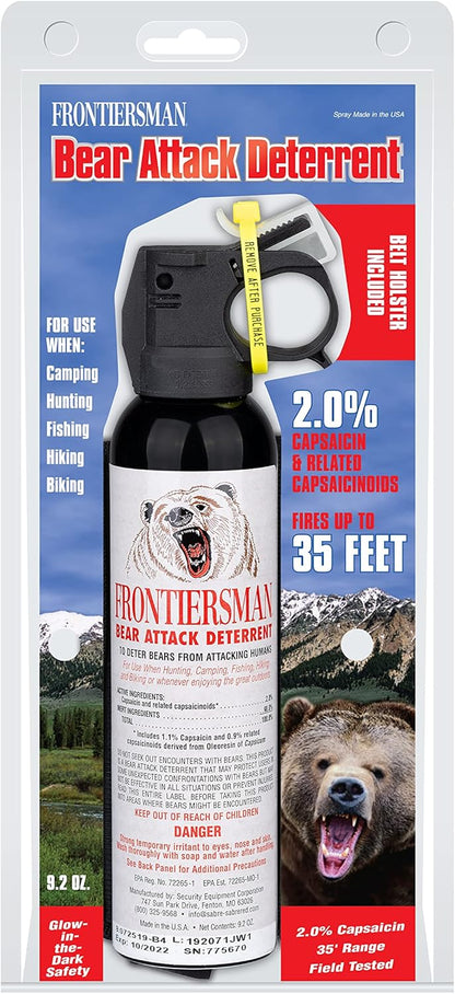 SABRE Frontiersman 9.2 fl oz. Bear Spray, Maximum Strength 2.0% Major Capsaicinoids, Powerful 35 ft. Range Bear Deterrent, Outdoor Camping & Hiking Protection, Quick Draw Holster & Multipack Options