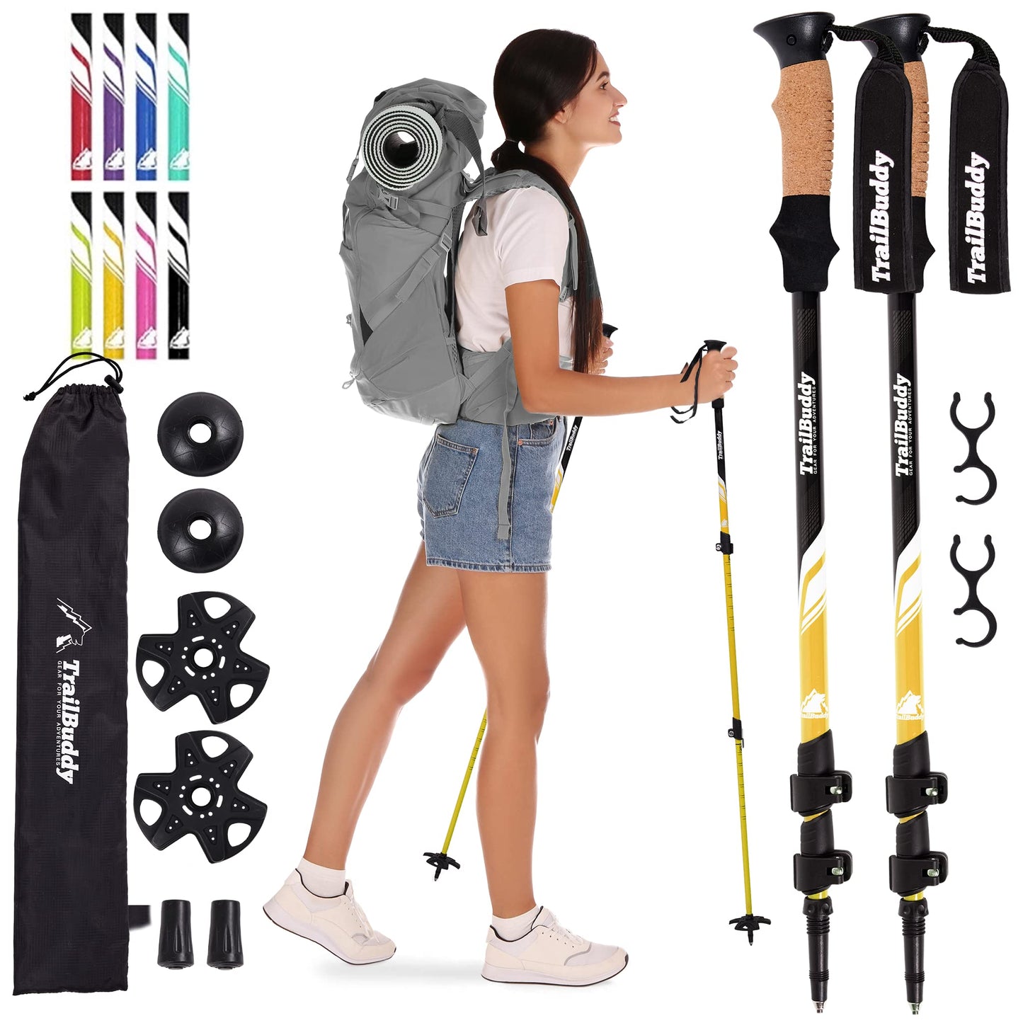 TrailBuddy Trekking Poles - Lightweight, Collapsible Hiking Poles for Snowshoe & Backpacking Gear - Pair of 2 Walking Sticks for Hiking, 7075 Aluminum with Cork Grip