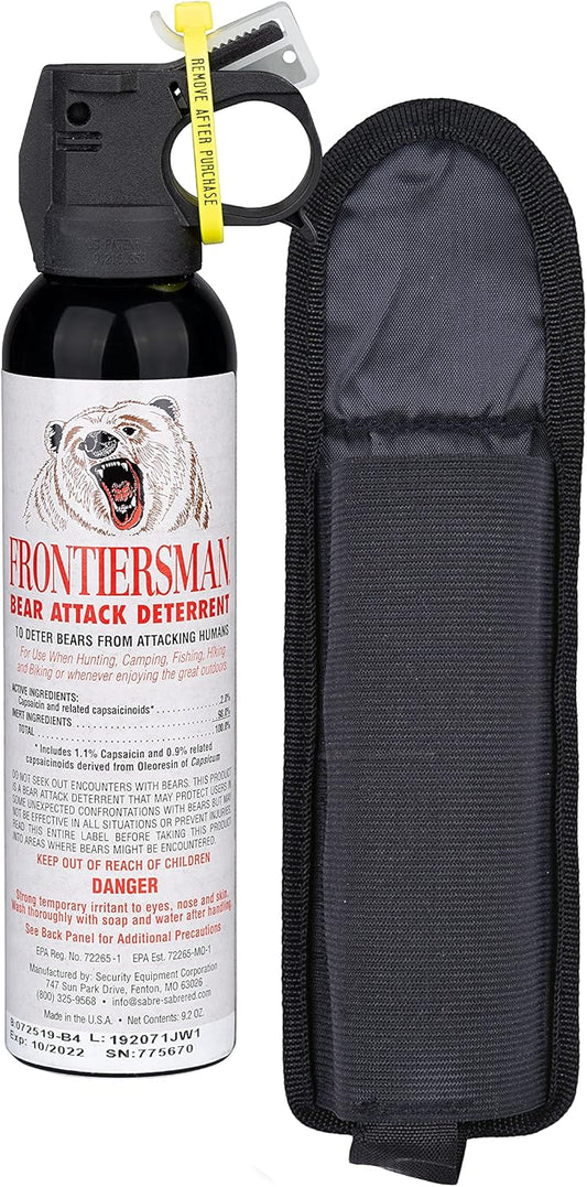 SABRE Frontiersman 9.2 fl oz. Bear Spray, Maximum Strength 2.0% Major Capsaicinoids, Powerful 35 ft. Range Bear Deterrent, Outdoor Camping & Hiking Protection, Quick Draw Holster & Multipack Options