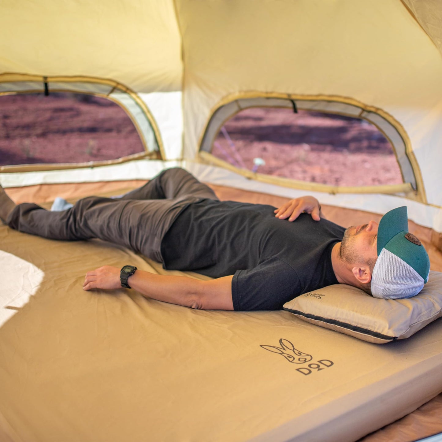 DOD Soto Sleeping Pad for Camping - Extra Thick Self-Inflating Camping - Mattress and Camping Pillow - Tan - Medium