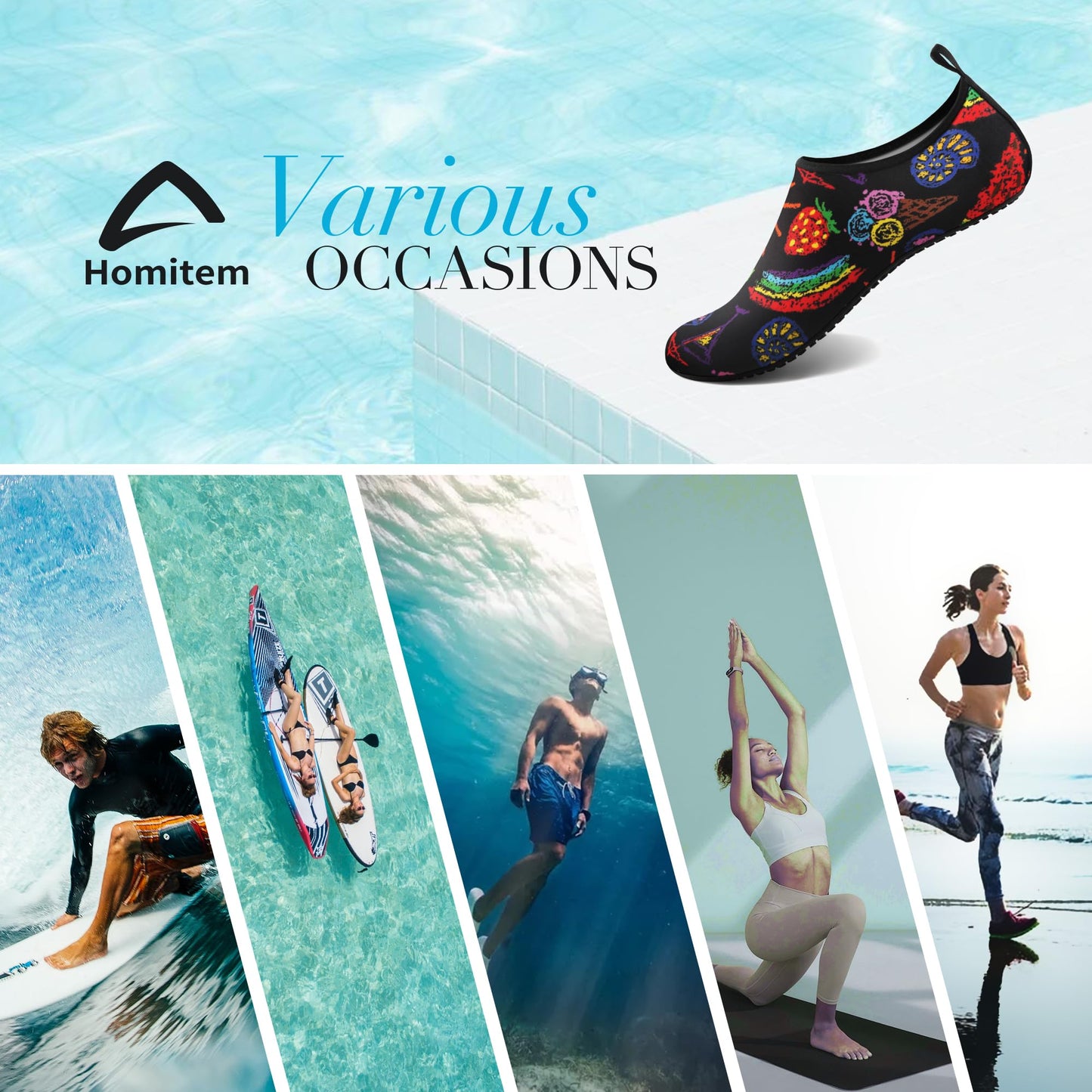 Homitem Water Shoes for Women Men Aqua Socks Swim Beach Pool River Slip-On Barefoot Quick-Dry Vacation Cruise Essentials Accessories for Yoga Kayak Sports