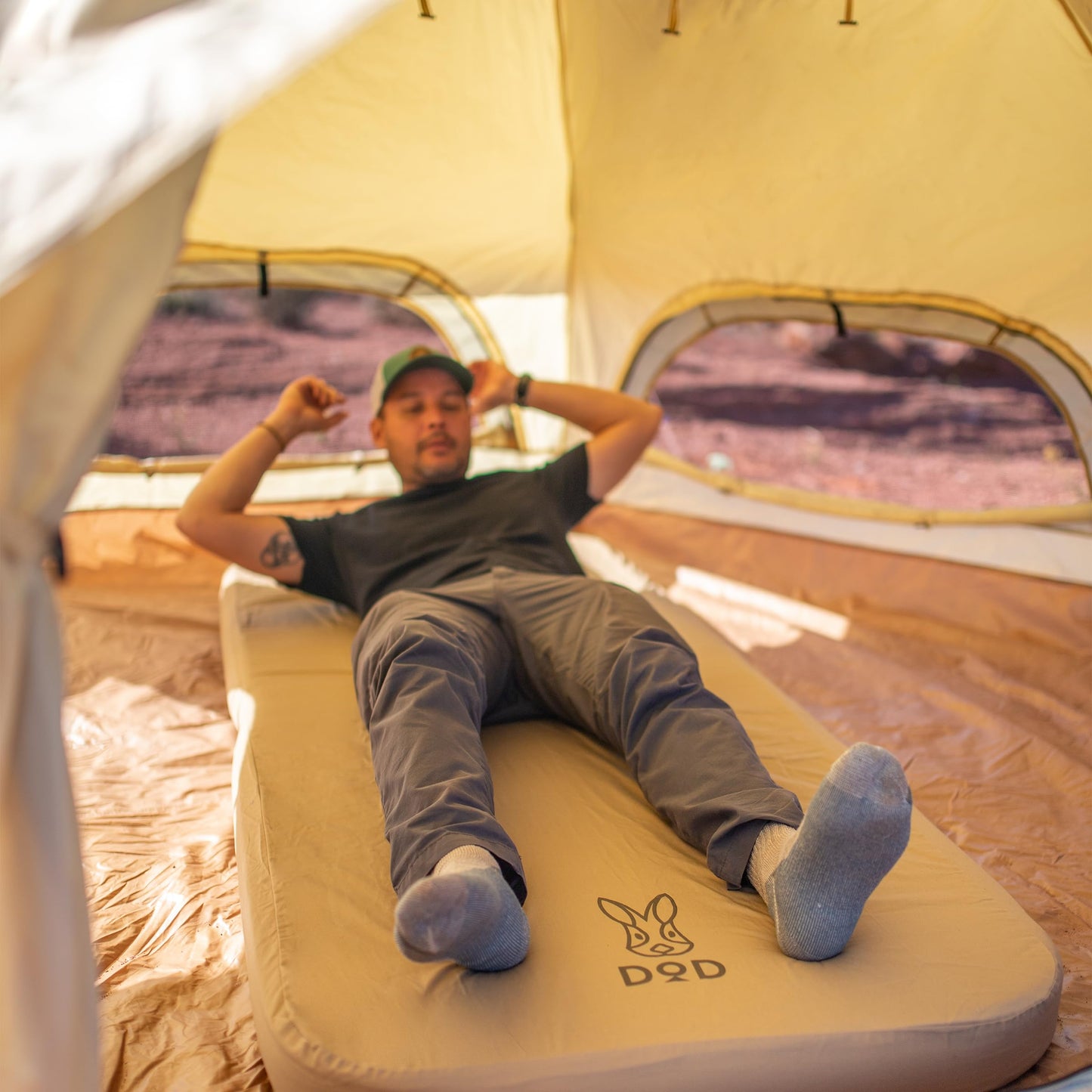 DOD Soto Sleeping Pad for Camping - Extra Thick Self-Inflating Camping - Mattress and Camping Pillow - Tan - Medium