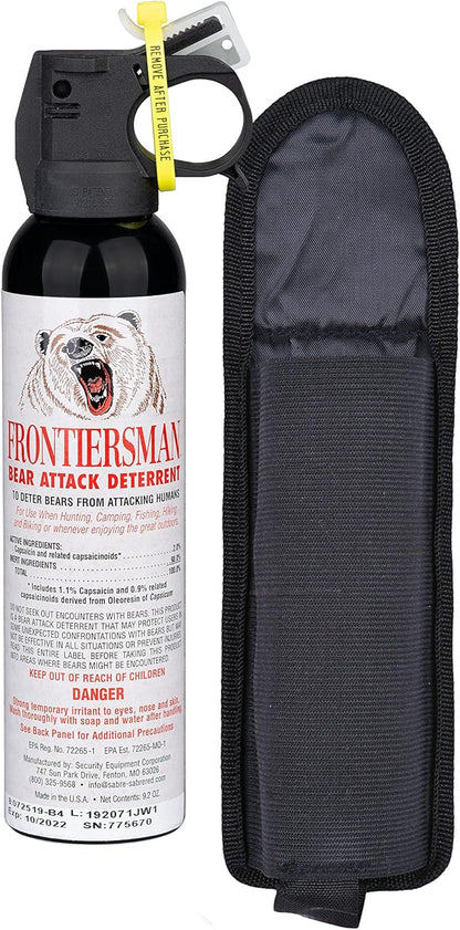 SABRE Frontiersman 9.2 fl oz. Bear Spray, Maximum Strength 2.0% Major Capsaicinoids, Powerful 35 ft. Range Bear Deterrent, Outdoor Camping & Hiking Protection, Quick Draw Holster & Multipack Options