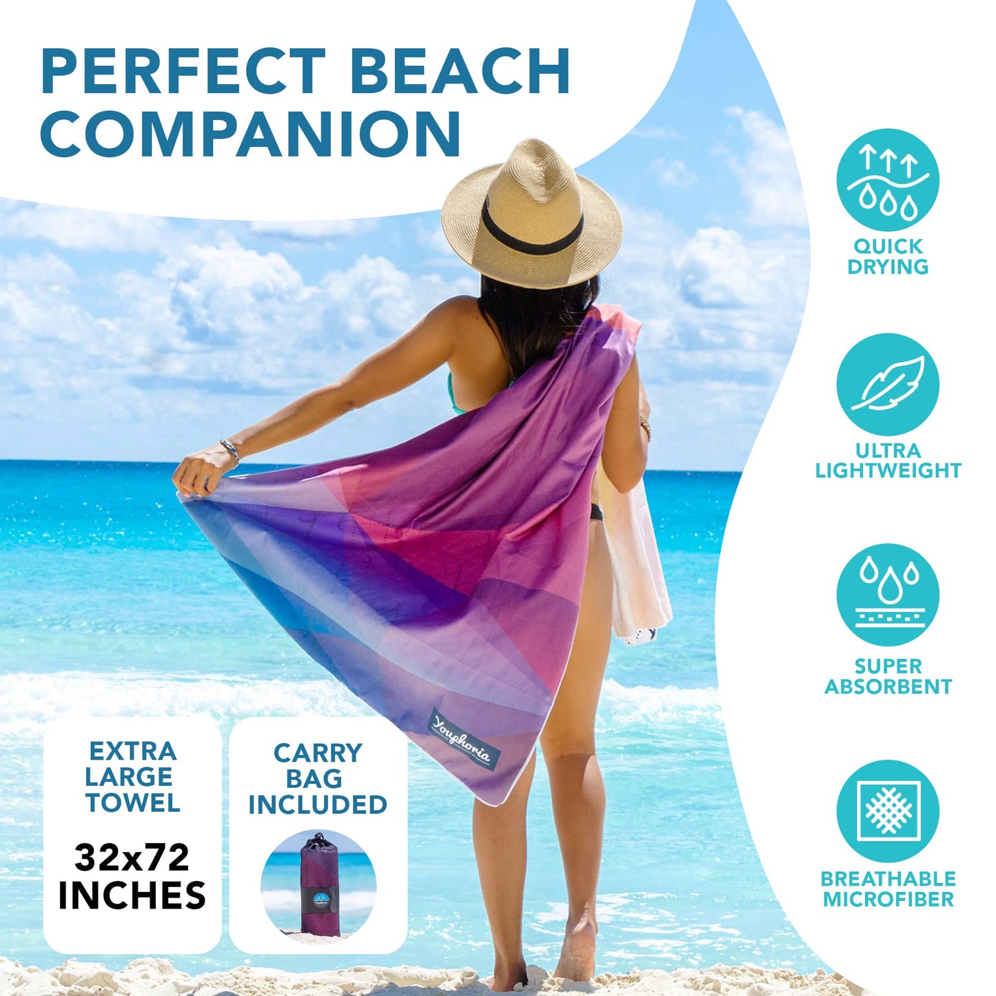 Youphoria Microfiber Travel Towel Fast Drying Lightweight - Quick Dry Towel for Camping, Beach, Backpacking, Hiking & Sport