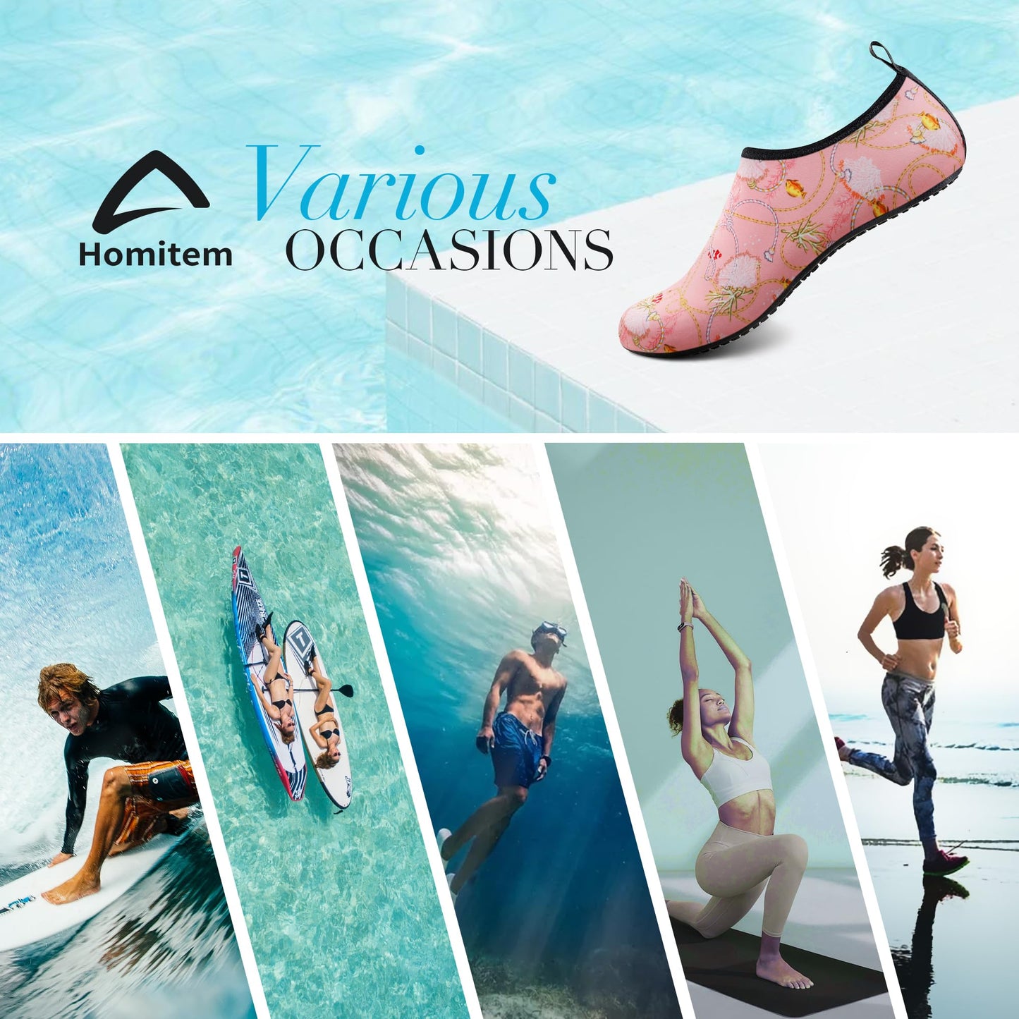 Homitem Water Shoes for Women Men Aqua Socks Swim Beach Pool River Slip-On Barefoot Quick-Dry Vacation Cruise Essentials Accessories for Yoga Kayak Sports