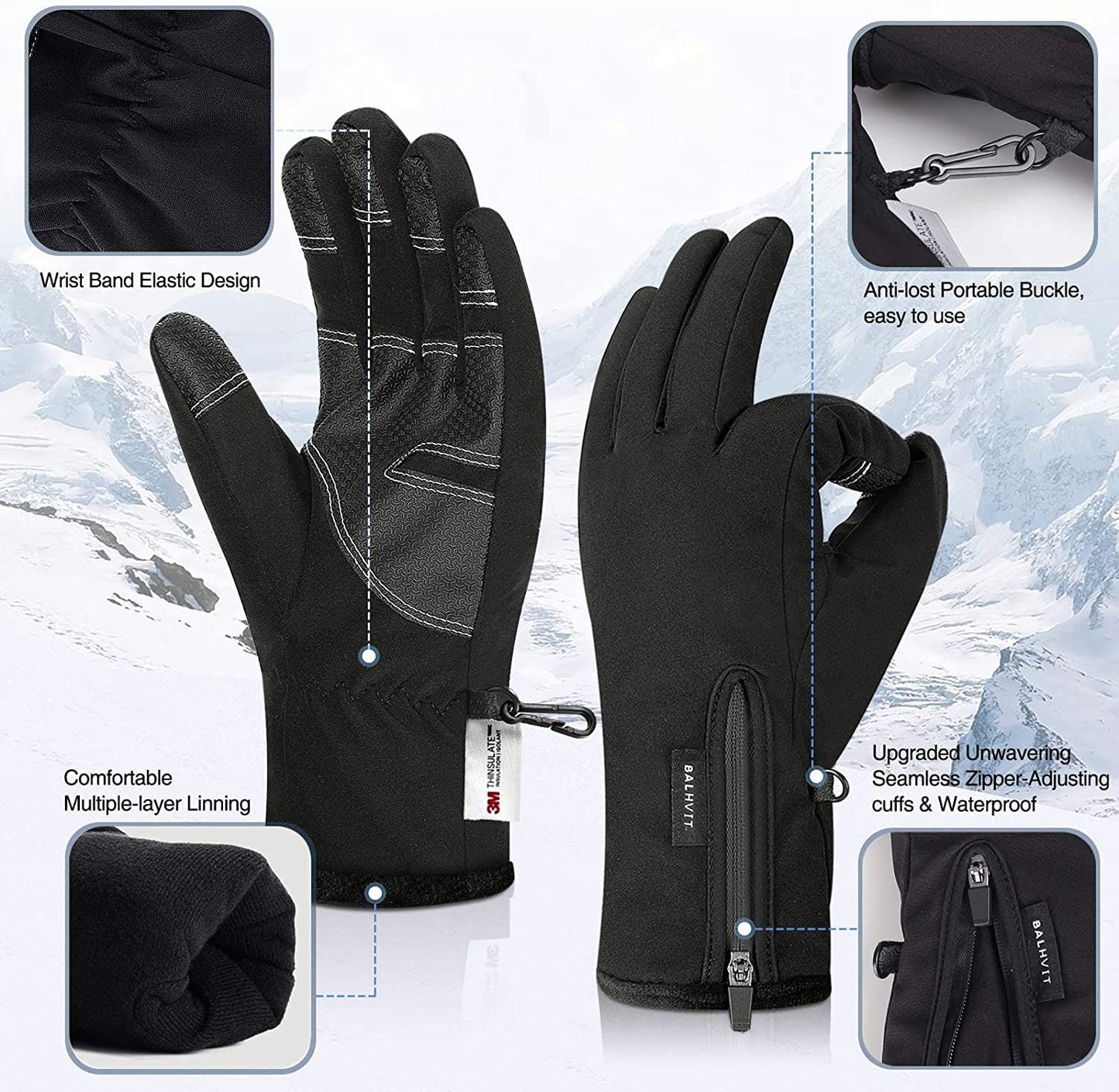 -10℉ Waterproof Winter Gloves for Men & Women, Breathable Thermal Gloves, 5-Layer Touch Screen Cold Weather Gloves