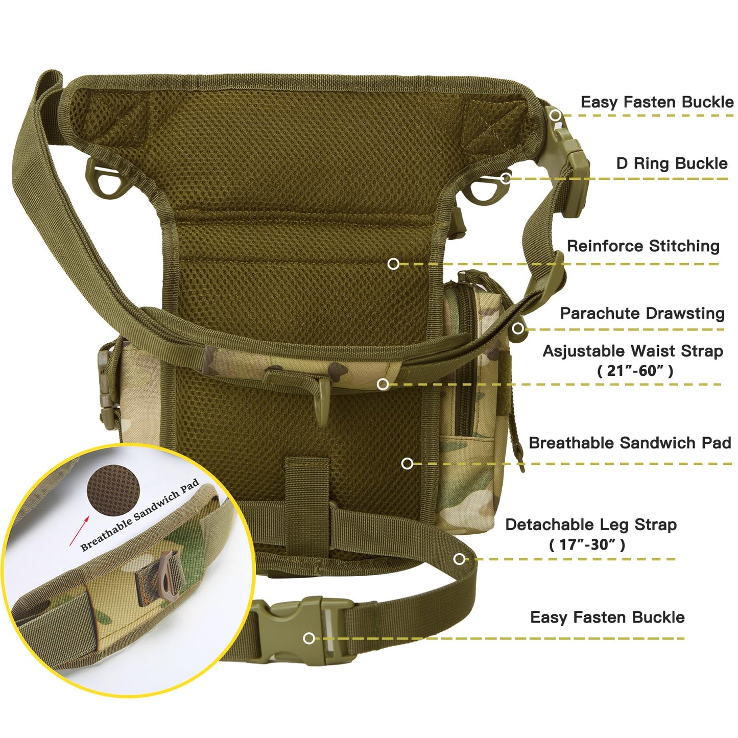 Jueachy Drop Leg Bag for Men Tactical Metal Detecting Thigh Pack with Water Bottle Pouch