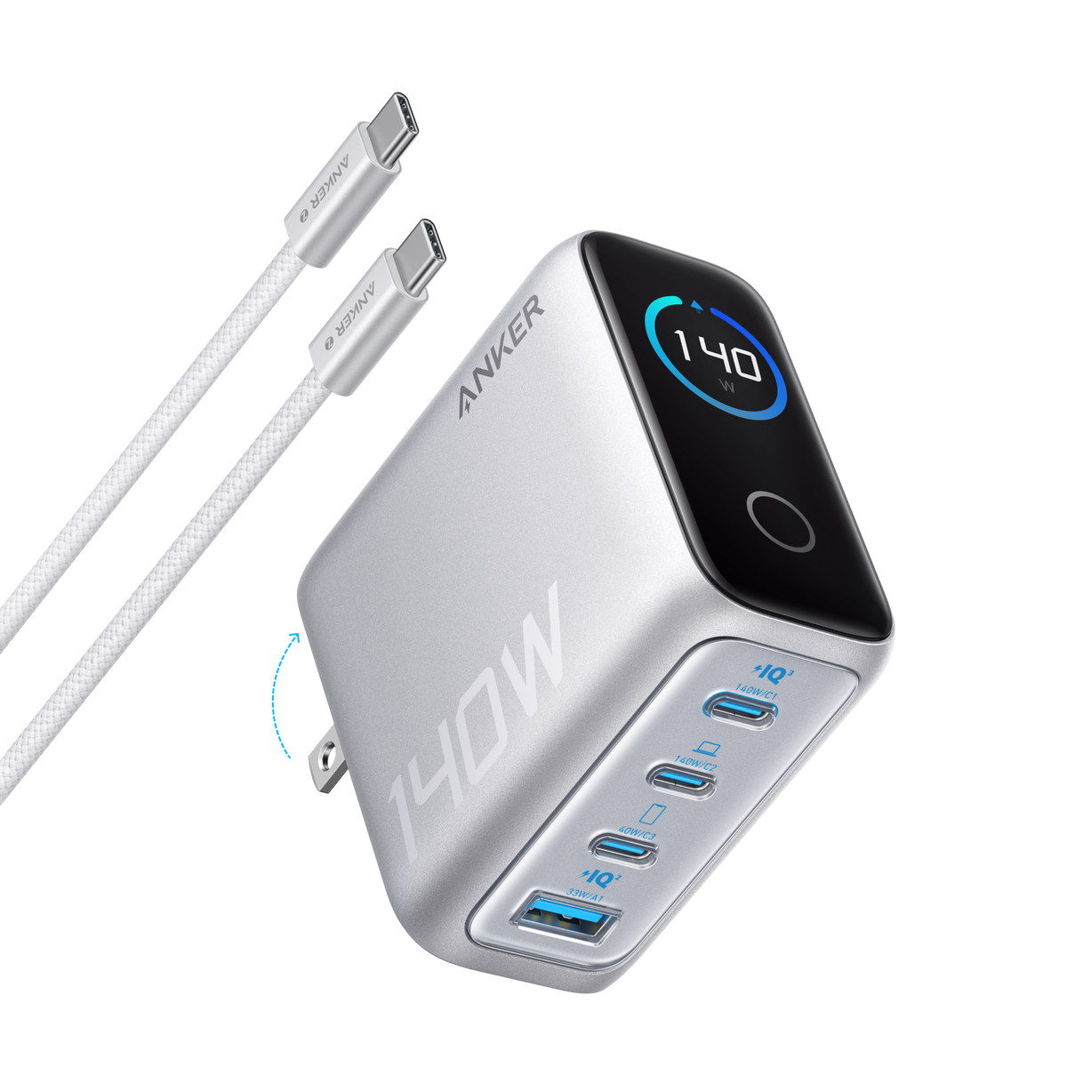 Anker Charger (140W, 4-Port, PD 3.1) with USB-C Cable Silver