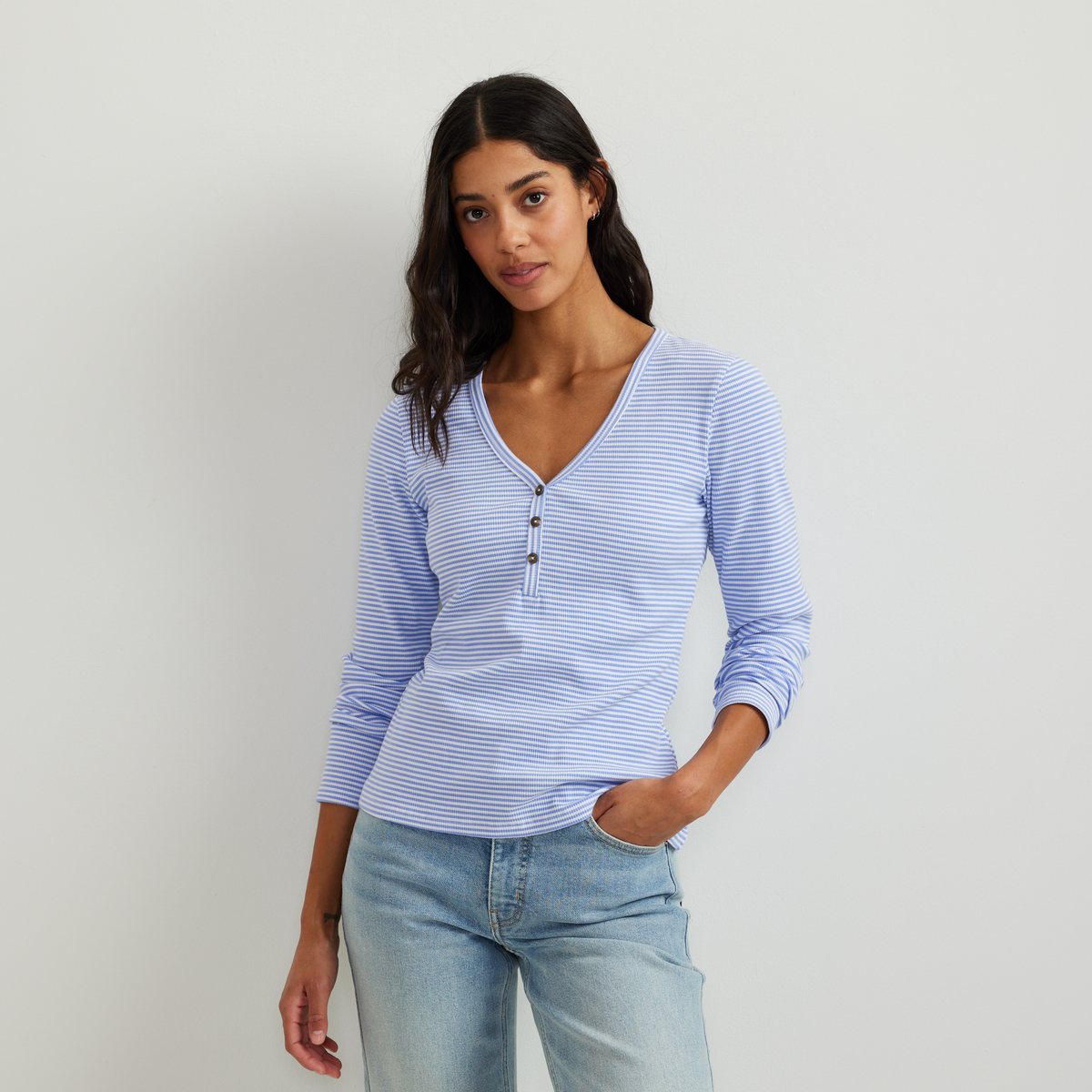 Eddie Bauer Women's Long-Sleeve Ribbed Henley T-Shirt - Stripe alternate view 2