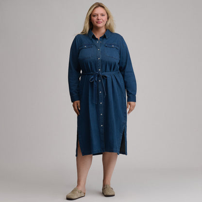 Eddie Bauer Women's Long-Sleeve Denim Button Front Belted Midi Dress alternate view 3