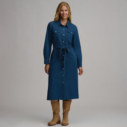 Eddie Bauer Women's Long-Sleeve Denim Button Front Belted Midi Dress product image