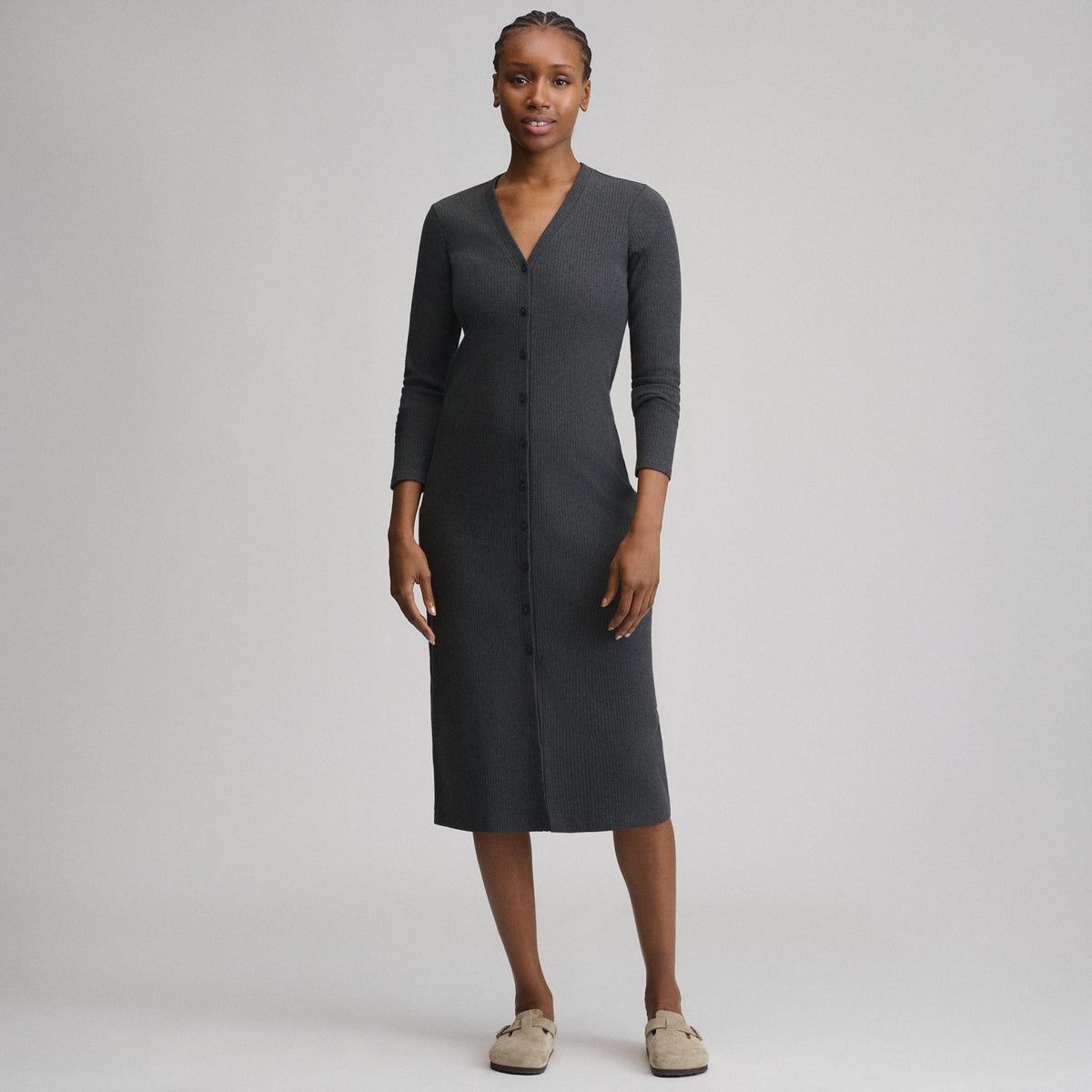 Eddie Bauer Women's Long-Sleeve Button Front Ribbed Knit Midi Dress alternate view 3